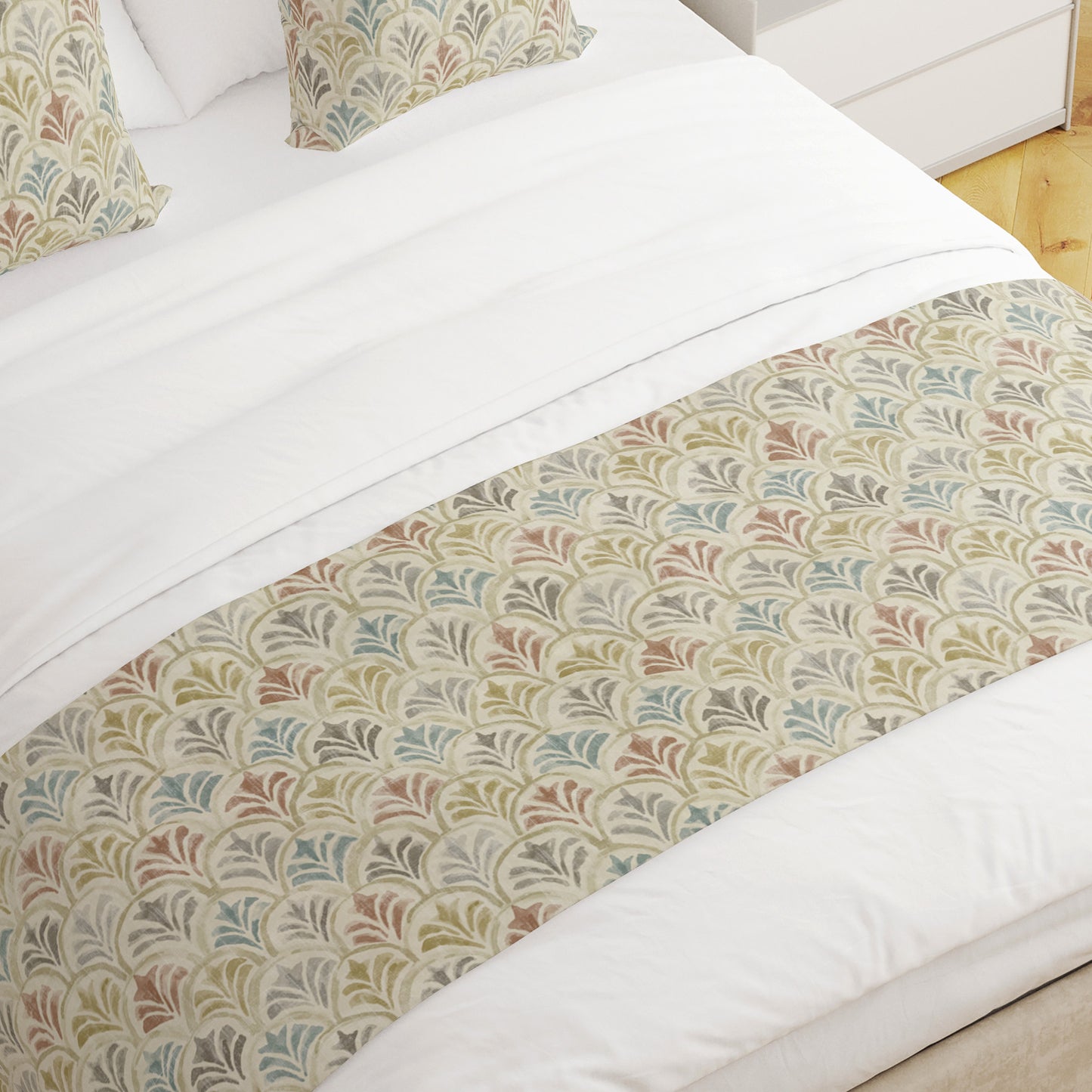 Bed Runner in Countess Tuscan Scallop Watercolor- Blue, Terracotta, Gray, Tan