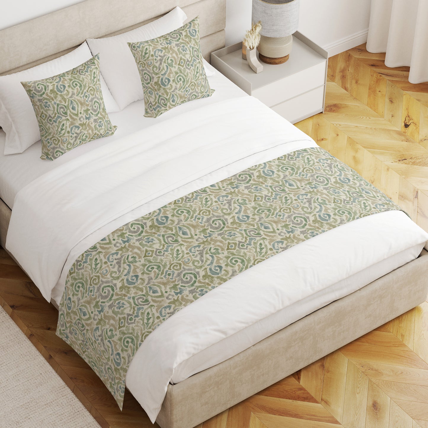 Bed Runner in Jester Bay Green Paisley Watercolor
