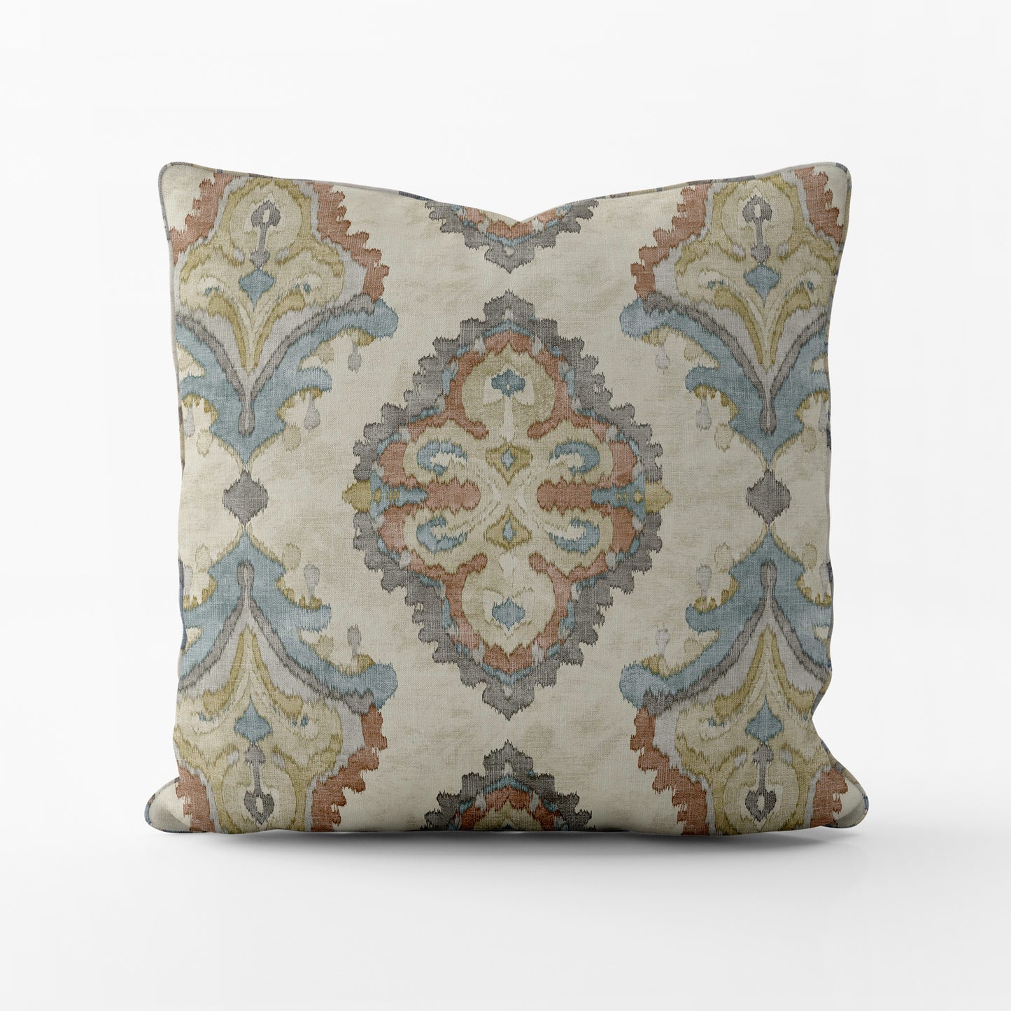Decorative Pillows in Queen Tuscan Blue and Coral Medallion Watercolor- Large Scale