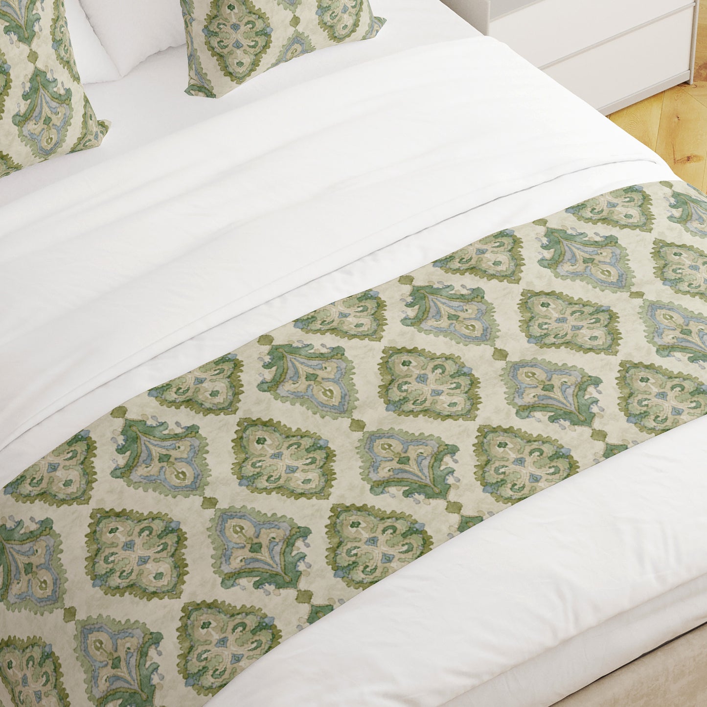 Bed Runner in Queen Bay Green, Blue Medallion Watercolor- Large Scale