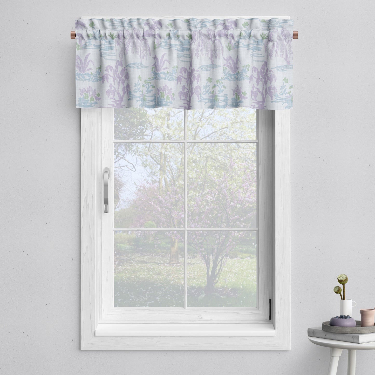 Tailored Valance in Meadow Orchid Lavender Watercolor Toile Landscape