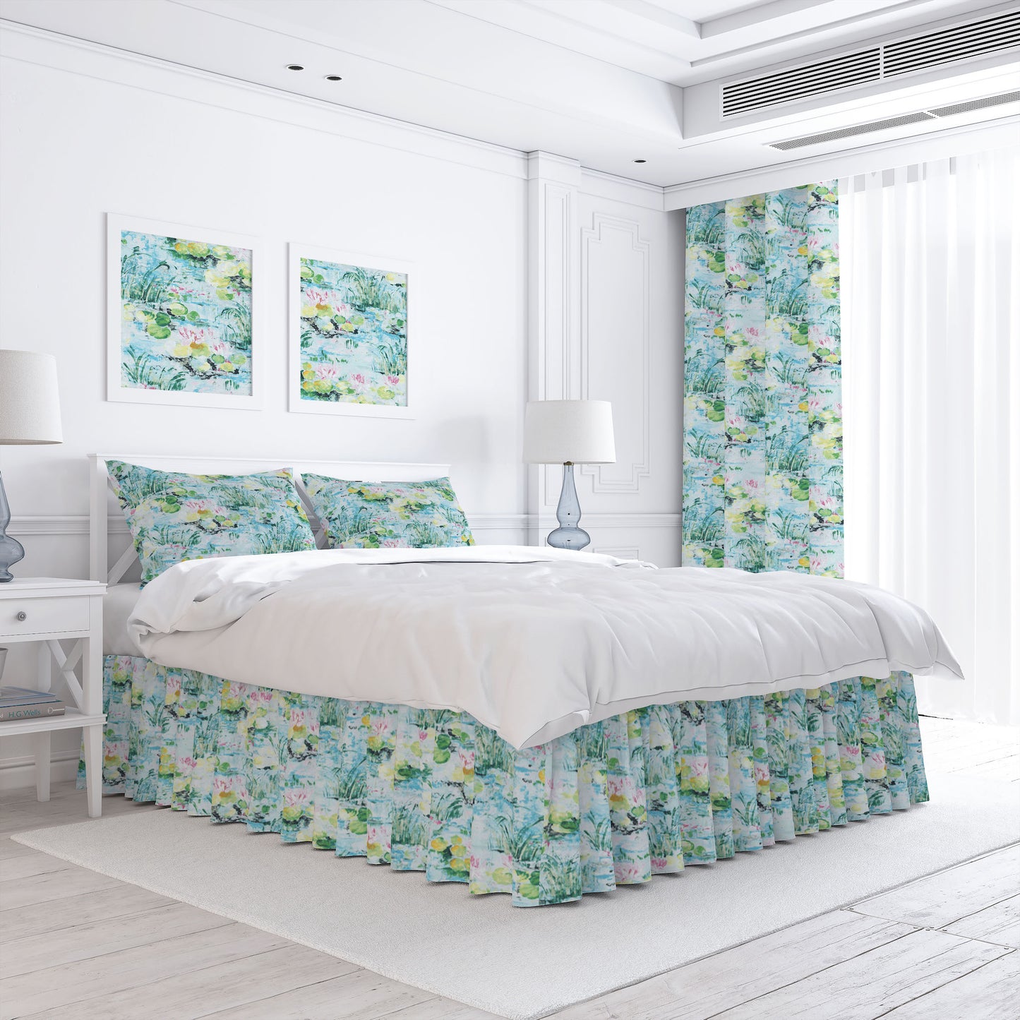 Gathered Bedskirt in Monet Dream Blue Water Lilies