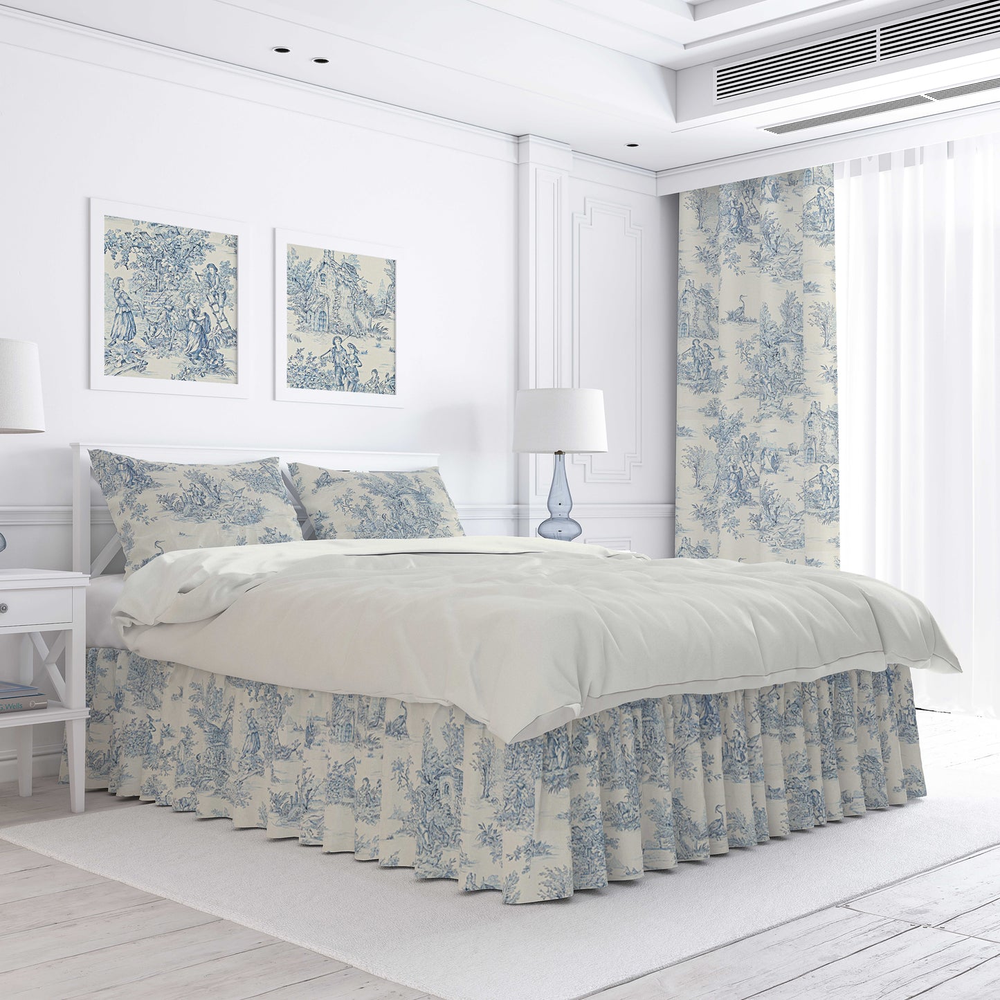 Gathered Bedskirt in Pastorale #2 Blue on Cream French Country Toile