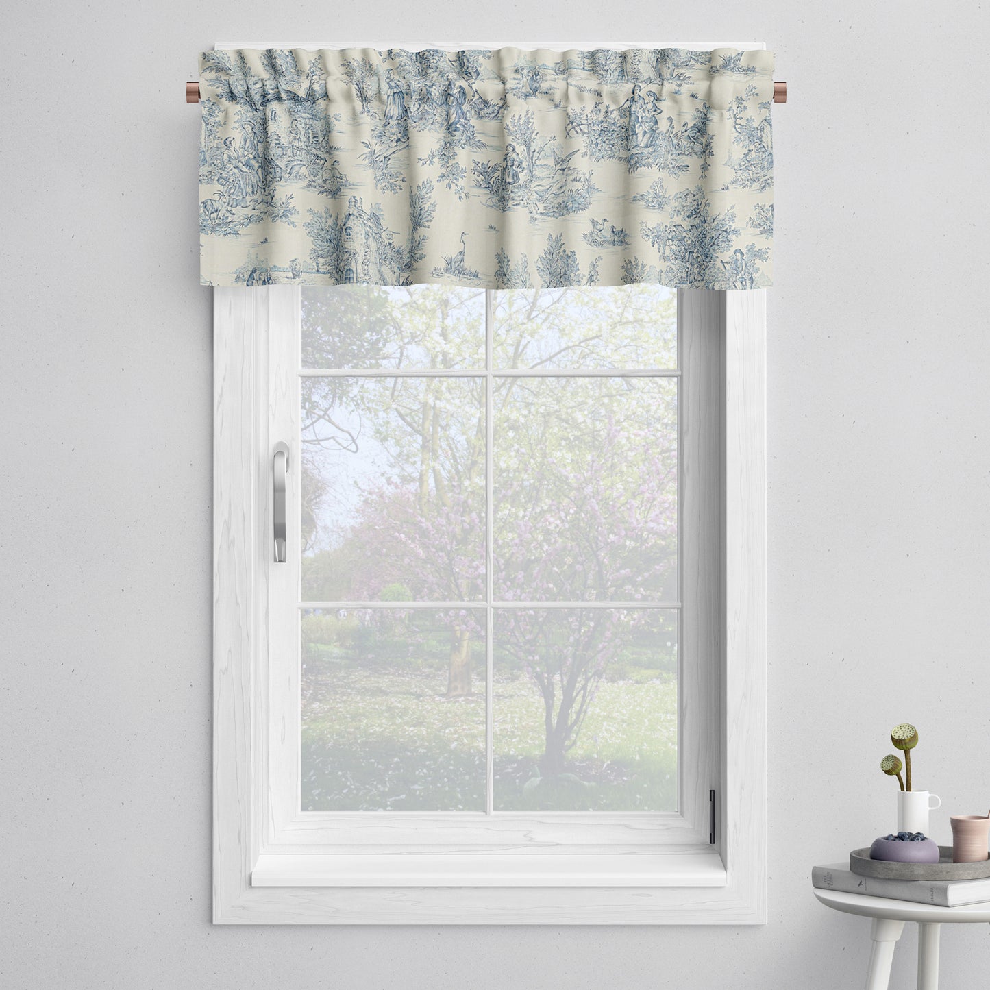 Tailored Valance in Pastorale #2 Blue on Cream French Country Toile