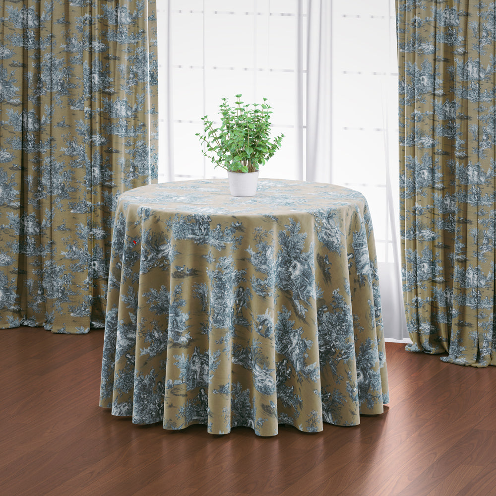 Round Tablecloth in Pastorale #88 Blue on Beige French Country Toile