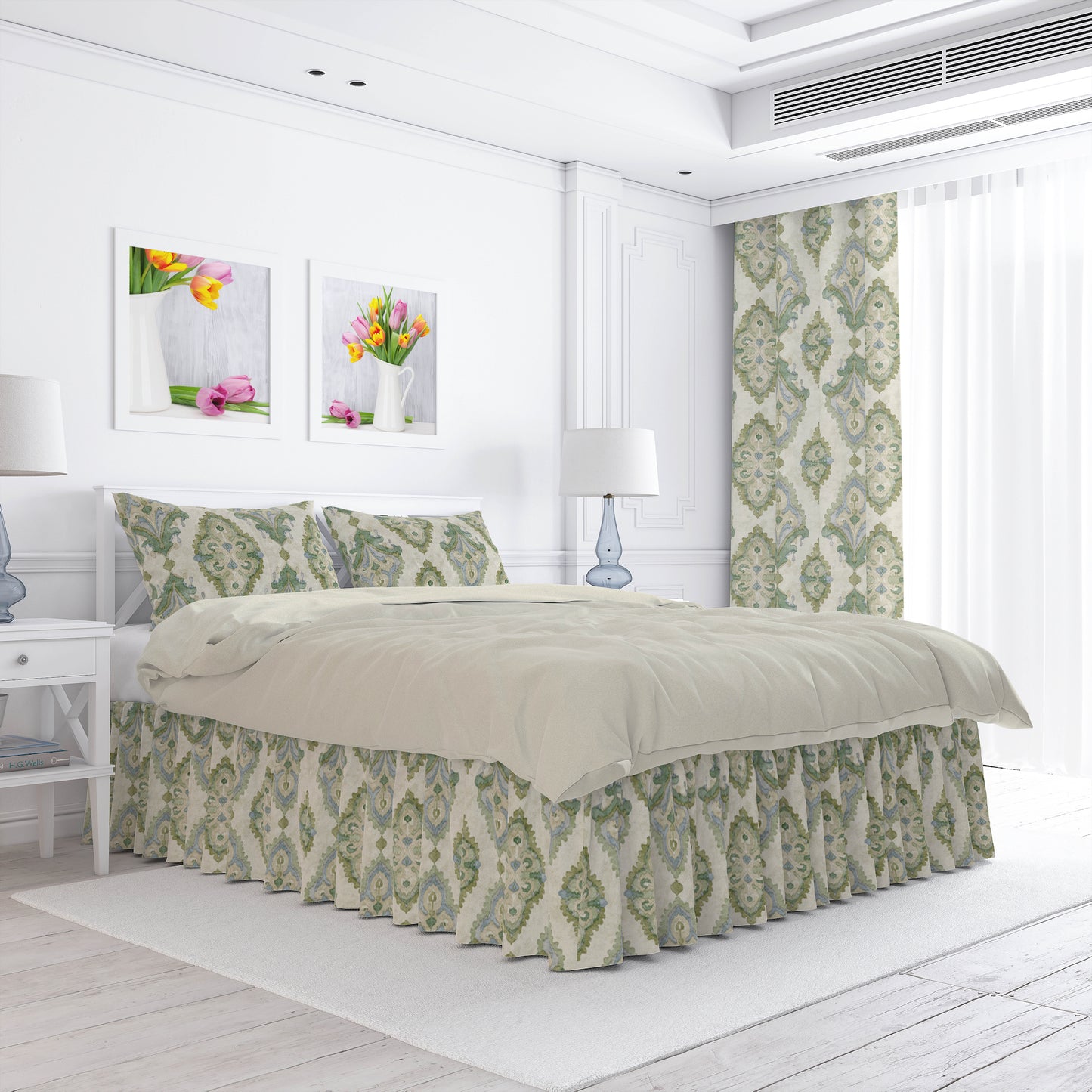 Gathered Bedskirt in Queen Bay Green, Blue Medallion Watercolor- Large Scale