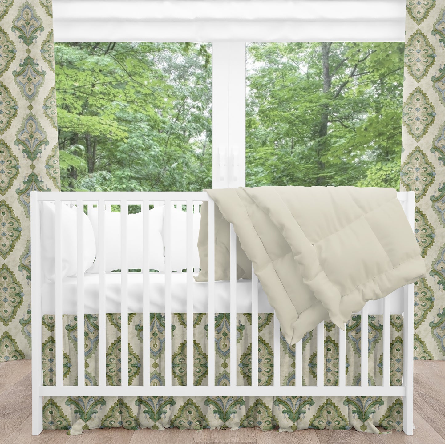 Gathered Crib Skirt in Queen Bay Green, Blue Medallion Watercolor- Large Scale