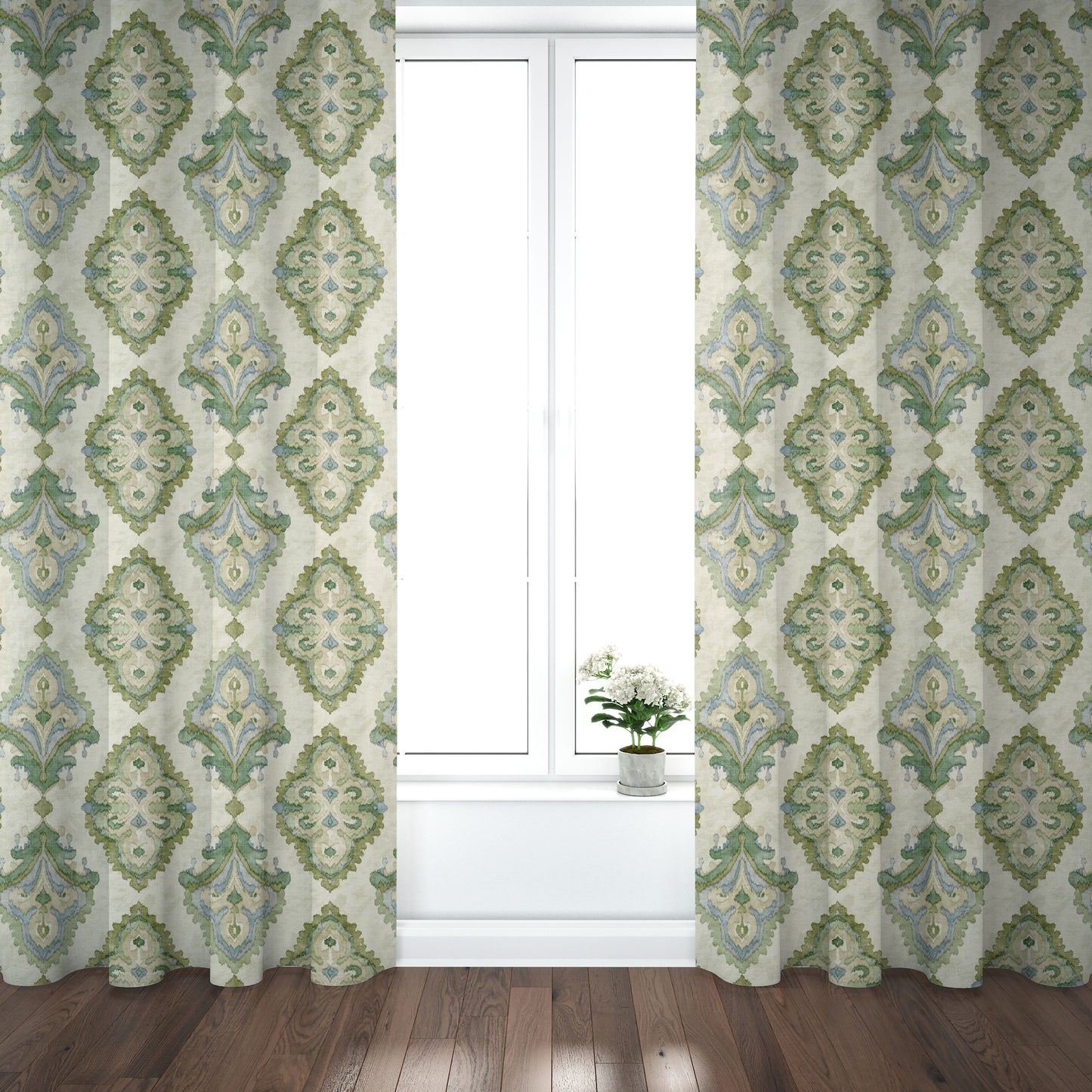 Pinch Pleated Curtain Panels Pair in Queen Bay Green, Blue Medallion Watercolor- Large Scale