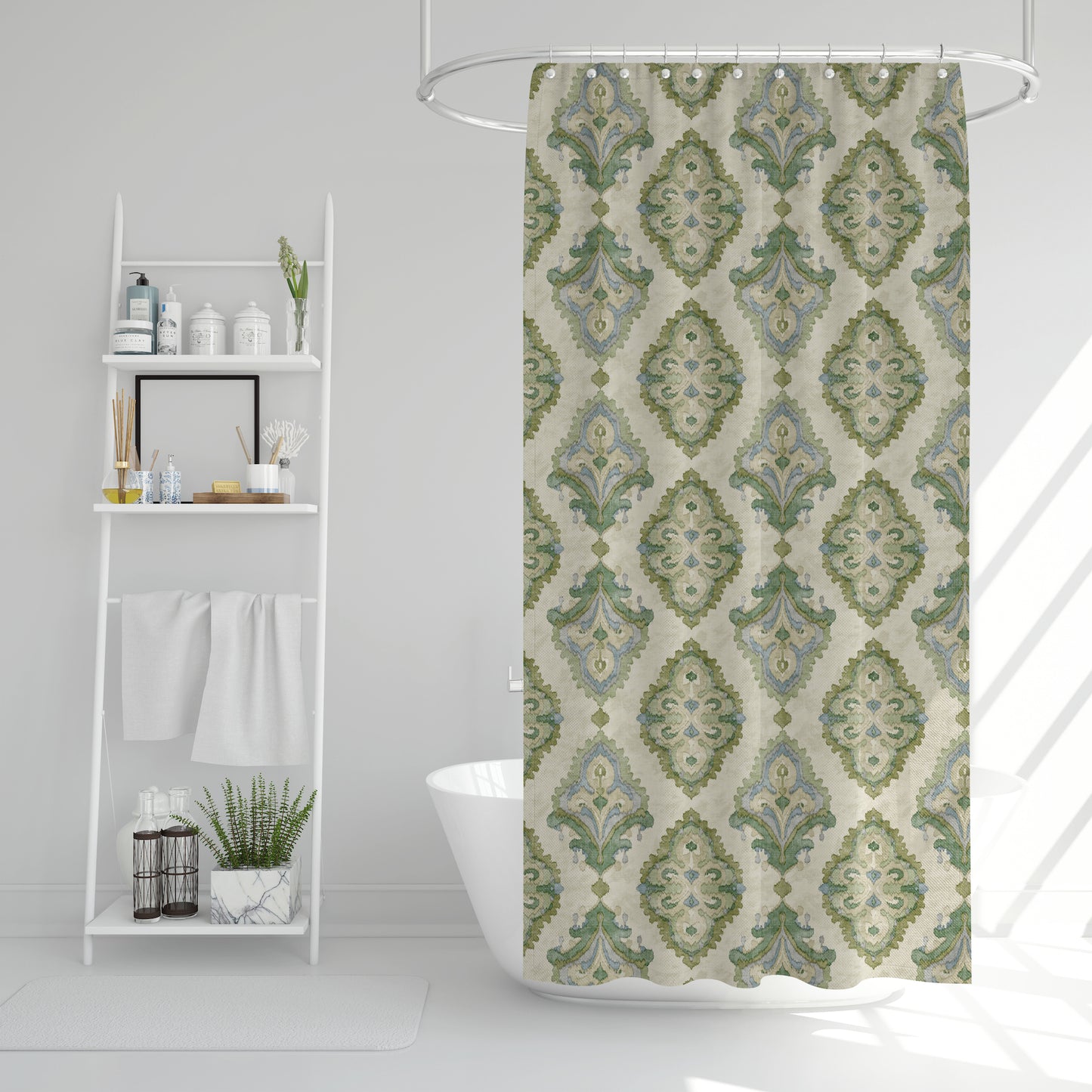 Shower Curtain in Queen Bay Green, Blue Medallion Watercolor- Large Scale