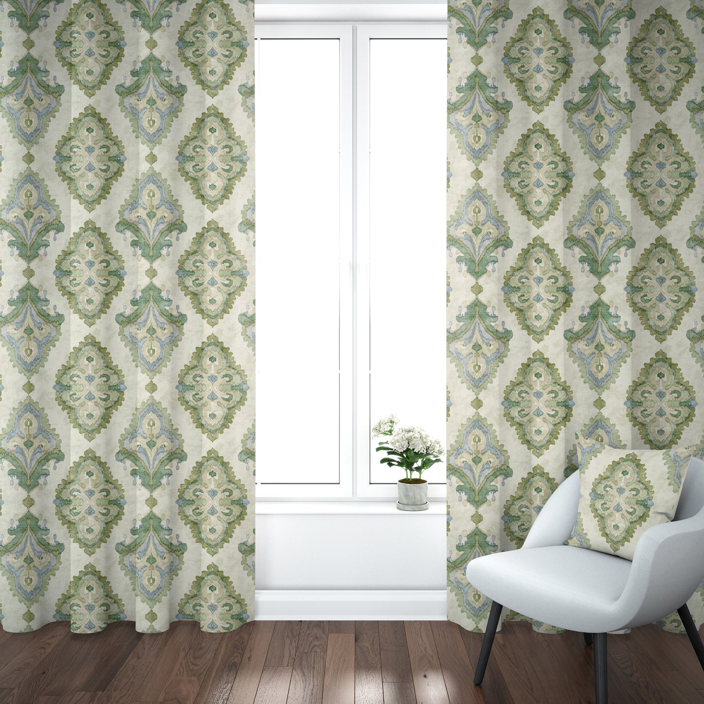 Tab Top Curtain Panels Pair in Queen Bay Green, Blue Medallion Watercolor- Large Scale