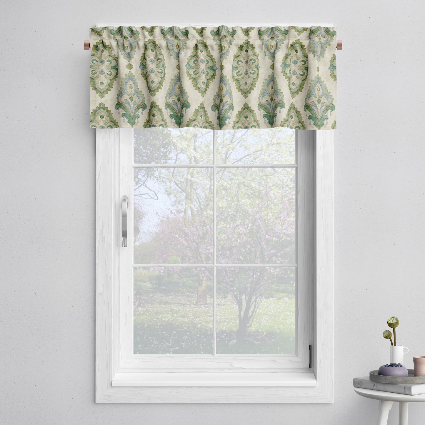 Tailored Valance in Queen Bay Green, Blue Medallion Watercolor- Large Scale