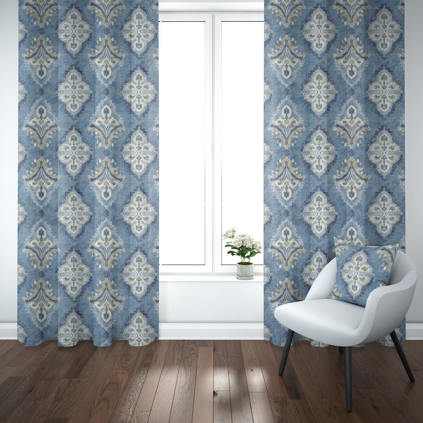 Rod Pocket Curtain Panels Pair in Queen Delft Blue Medallion Watercolor- Large Scale