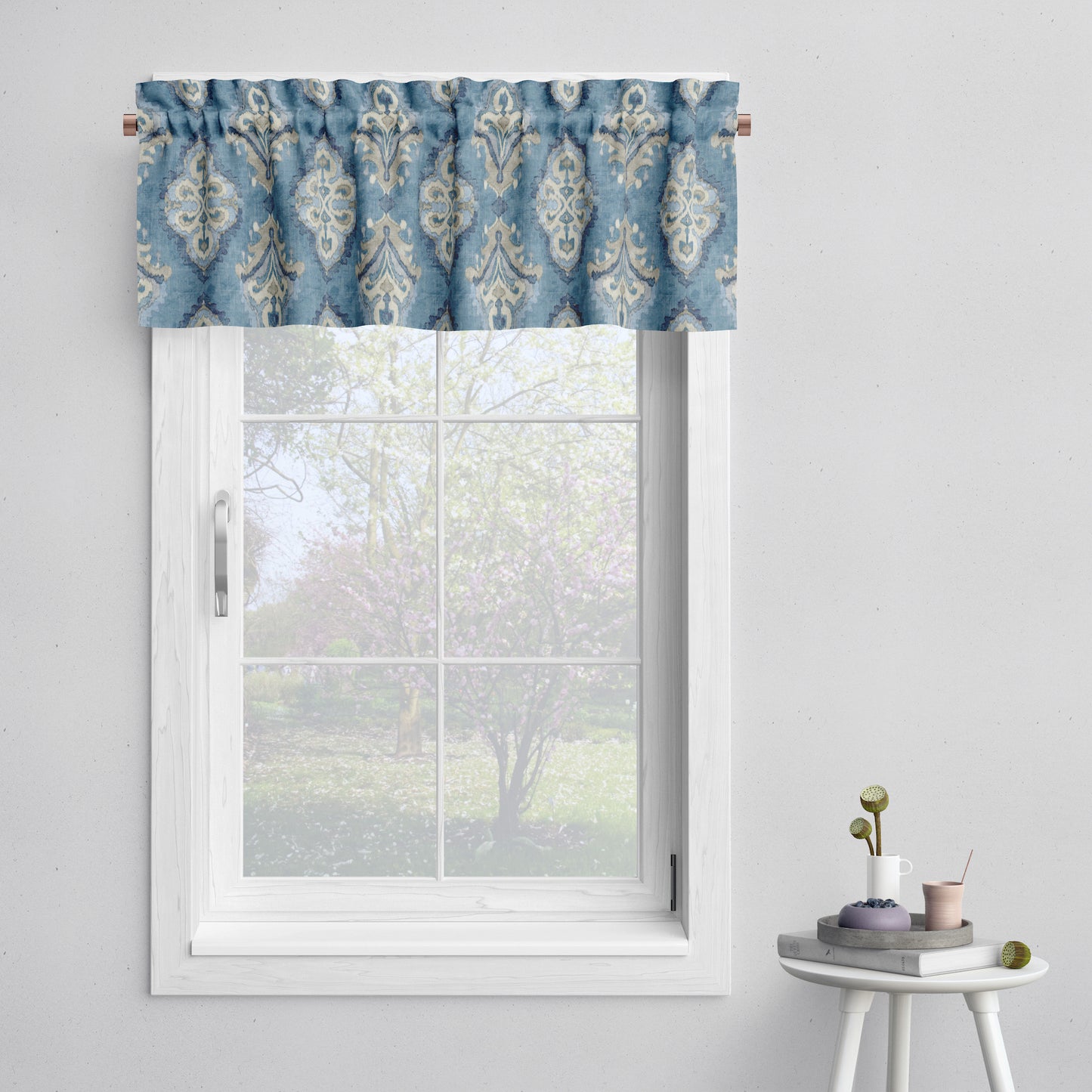 Tailored Valance in Queen Delft Blue Medallion Watercolor- Large Scale