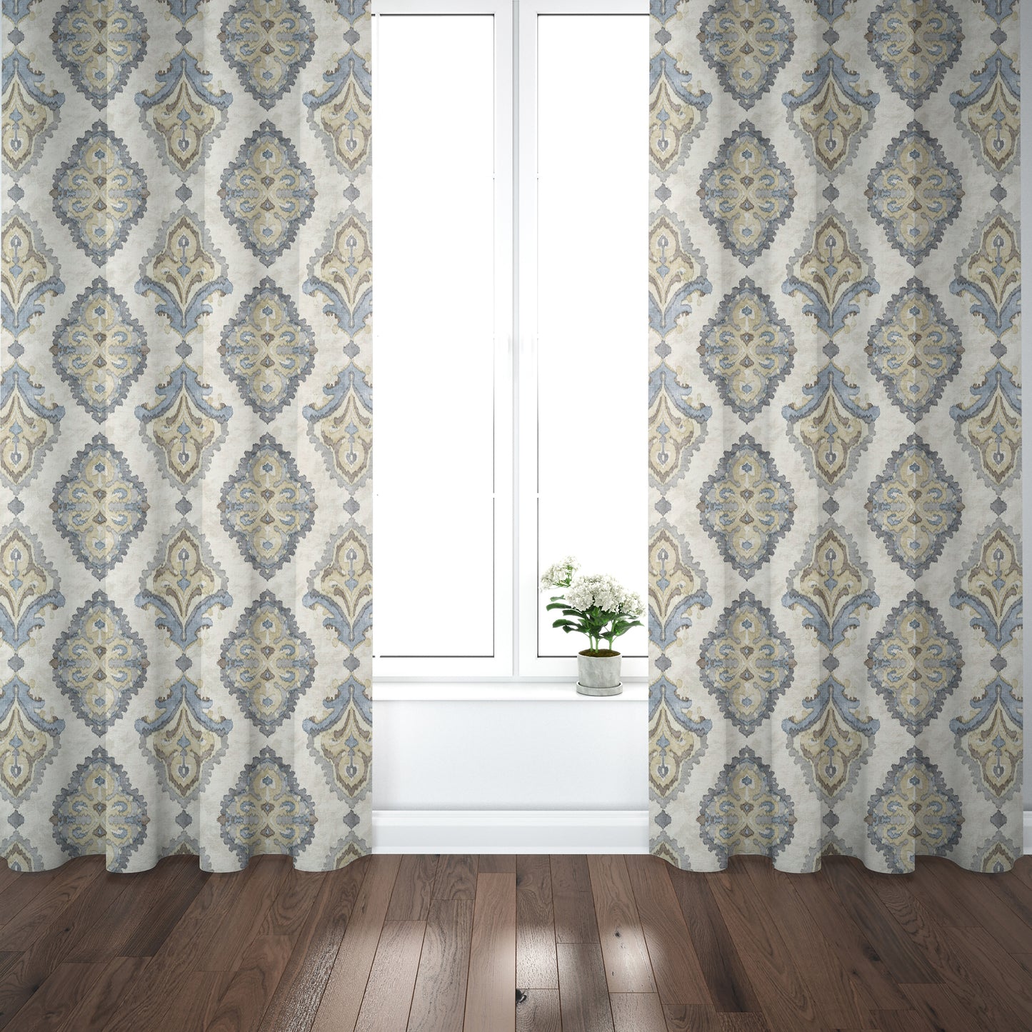 Pinch Pleated Curtain Panels Pair in Queen Harbor Blue Medallion Watercolor- Large Scale