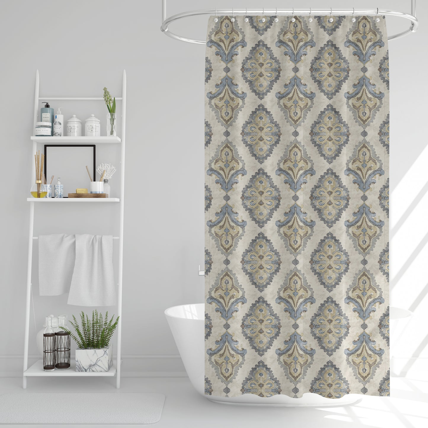 Shower Curtain in Queen Harbor Blue Medallion Watercolor- Large Scale