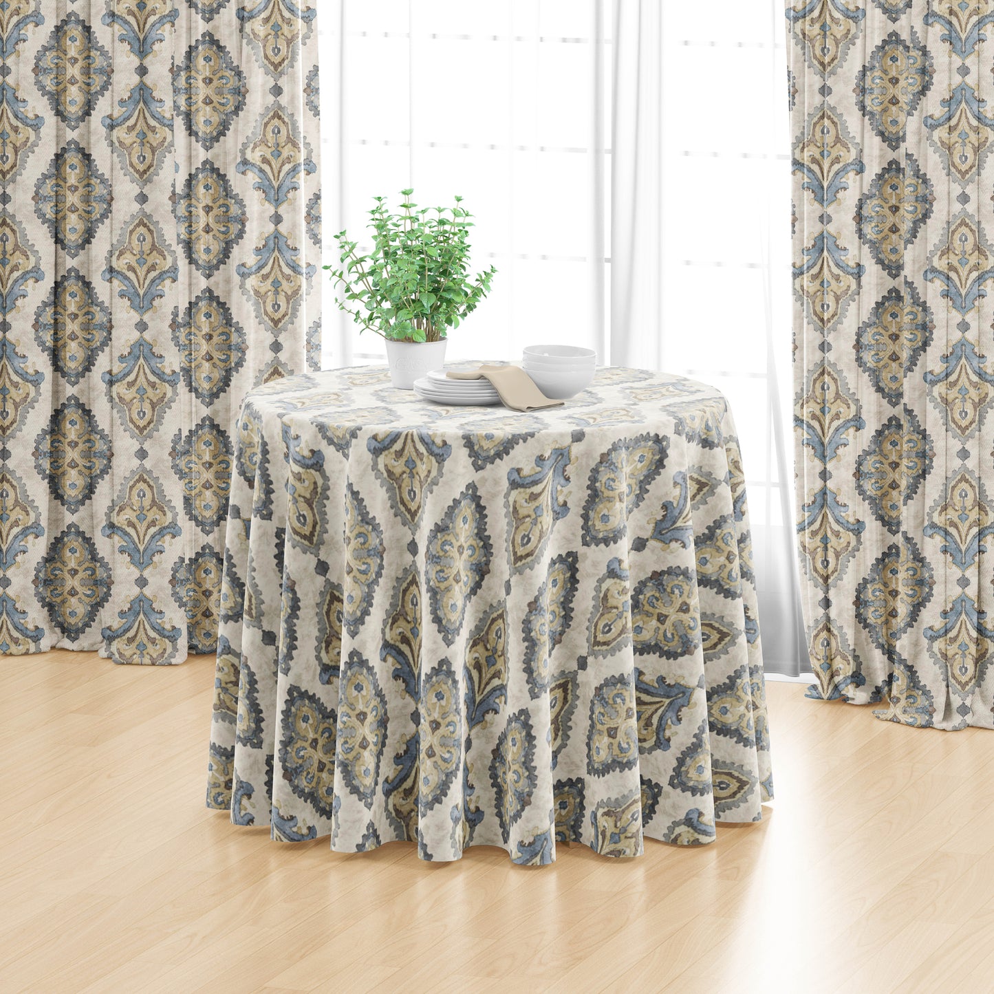 Round Tablecloth in Queen Harbor Blue Medallion Watercolor- Large Scale