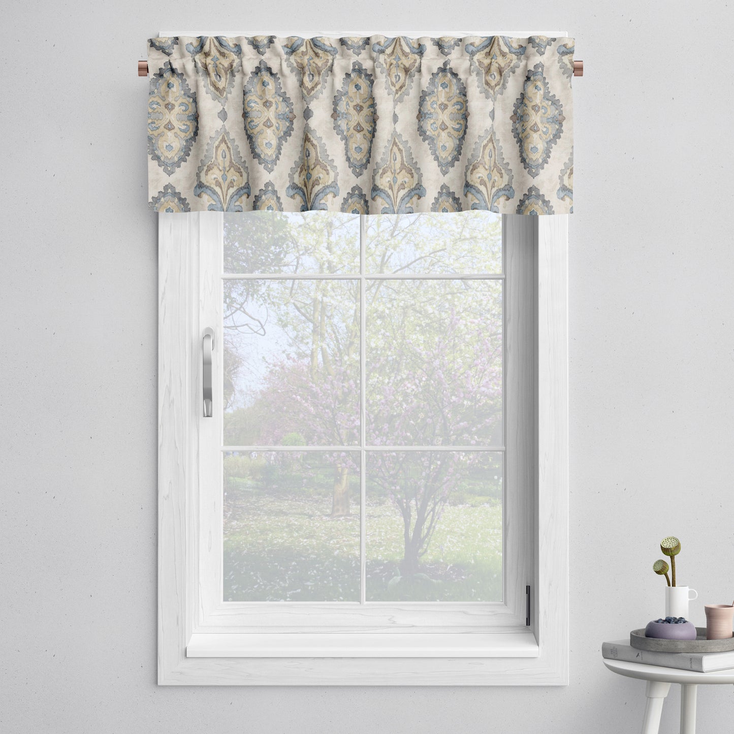 Tailored Valance in Queen Harbor Blue Medallion Watercolor- Large Scale