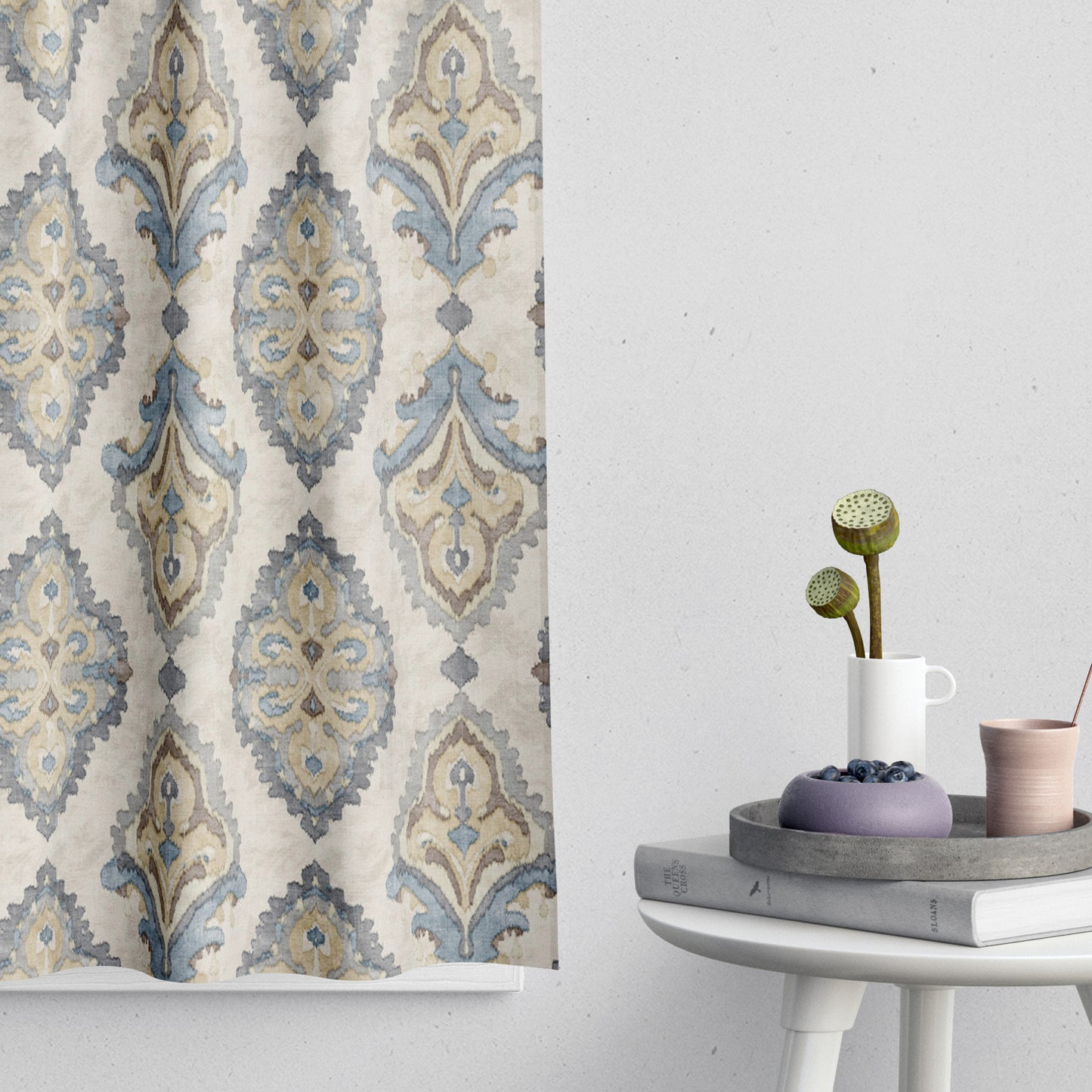Tailored Tier Cafe Curtain Panels Pair in Queen Harbor Blue Medallion Watercolor- Large Scale