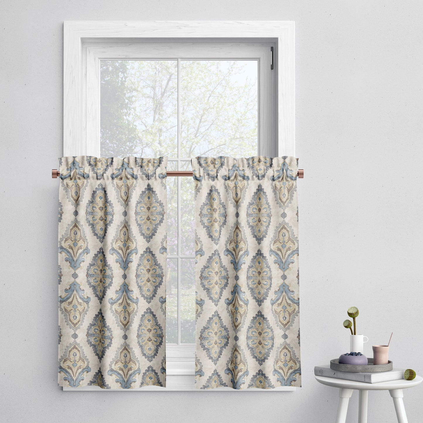 Tailored Tier Cafe Curtain Panels Pair in Queen Harbor Blue Medallion Watercolor- Large Scale