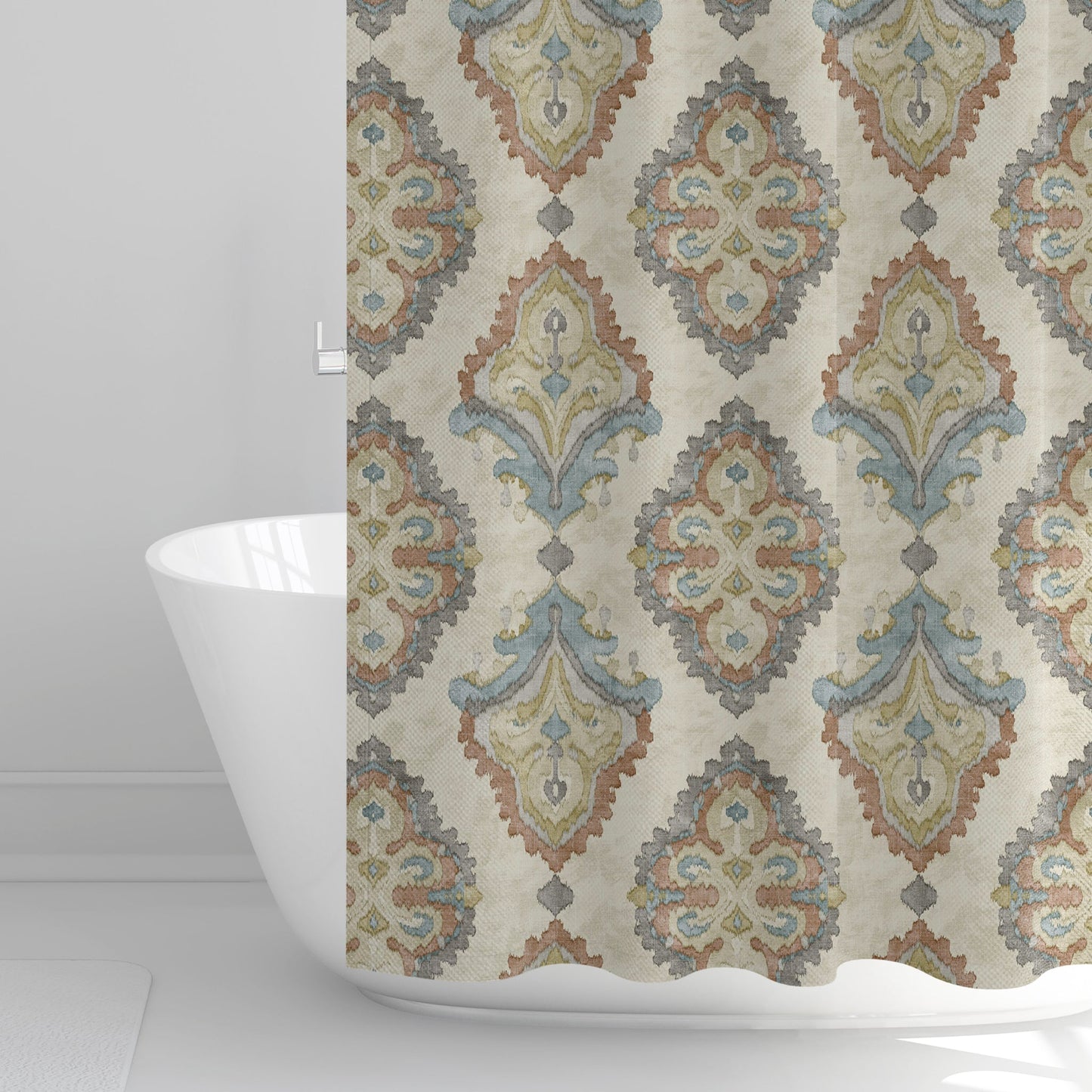 Stall (Narrow) Shower Curtain in Queen Tuscan Blue and Coral Medallion Watercolor- Large Scale