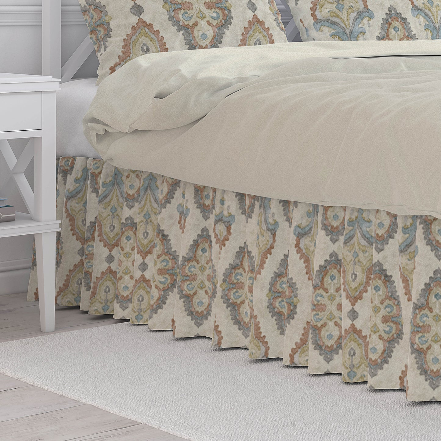 Gathered Bedskirt in Queen Tuscan Blue and Coral Medallion Watercolor- Large Scale