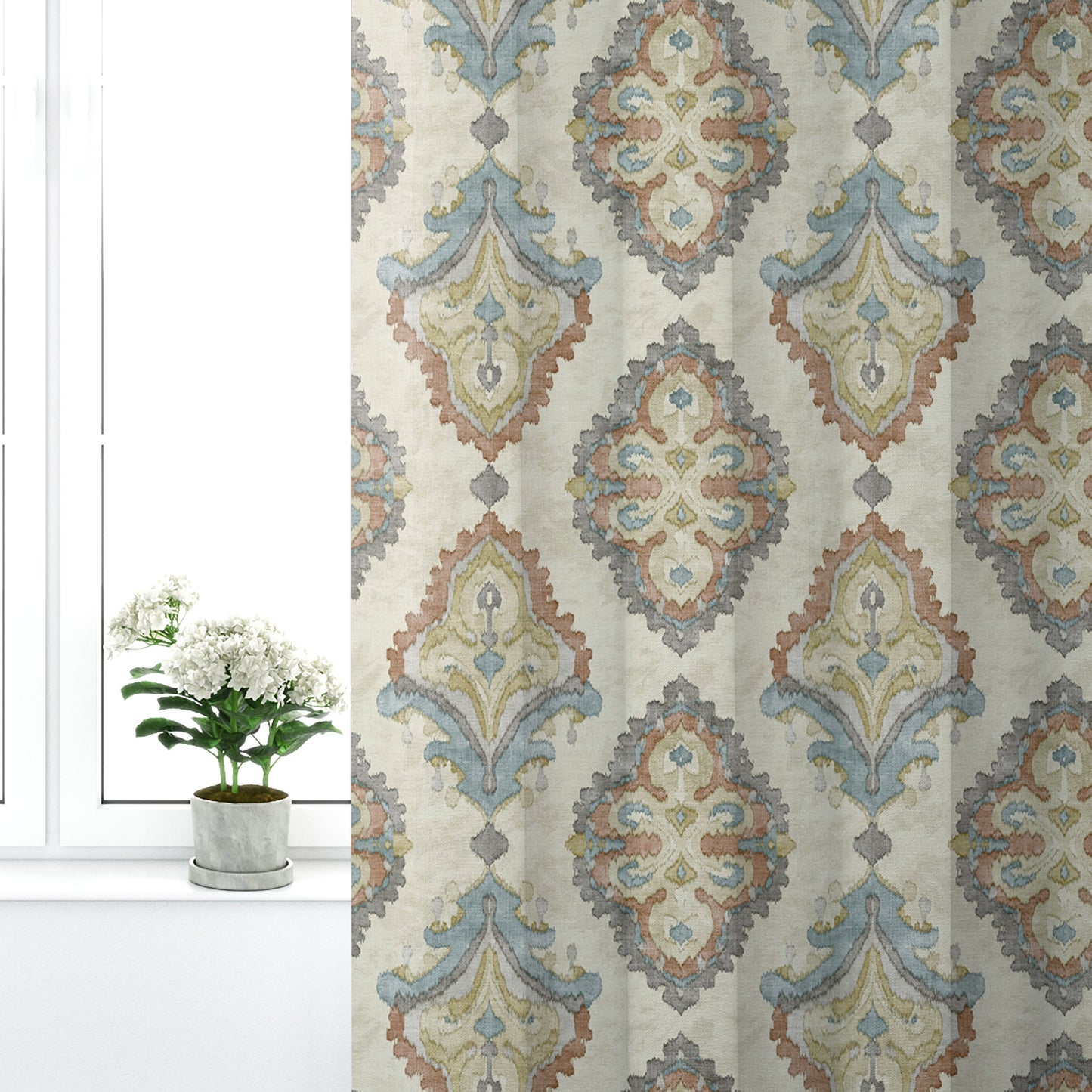Pinch Pleated Curtain Panels Pair in Queen Tuscan Blue and Coral Medallion Watercolor- Large Scale