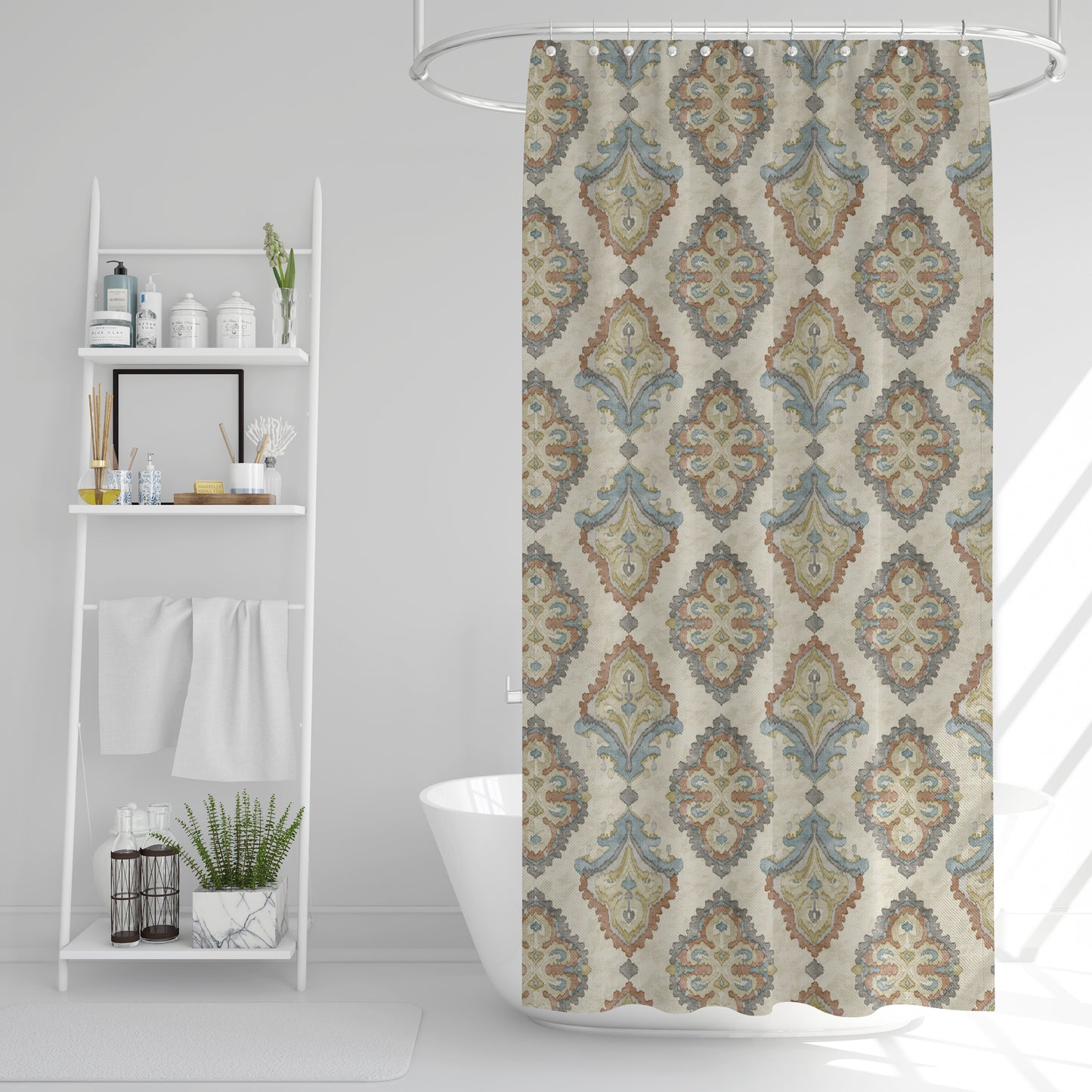 Shower Curtain in Queen Tuscan Blue and Coral Medallion Watercolor- Large Scale