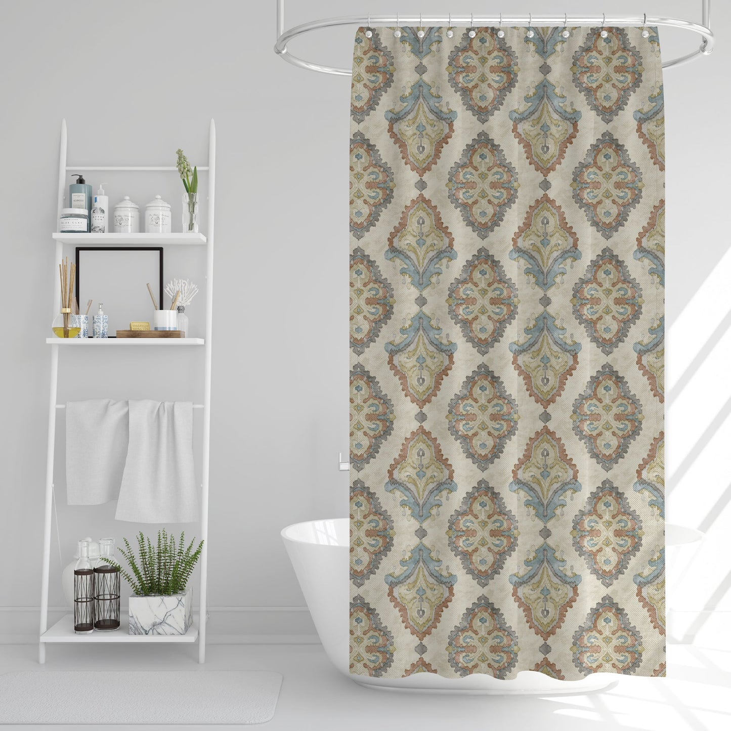 Stall (Narrow) Shower Curtain in Queen Tuscan Blue and Coral Medallion Watercolor- Large Scale