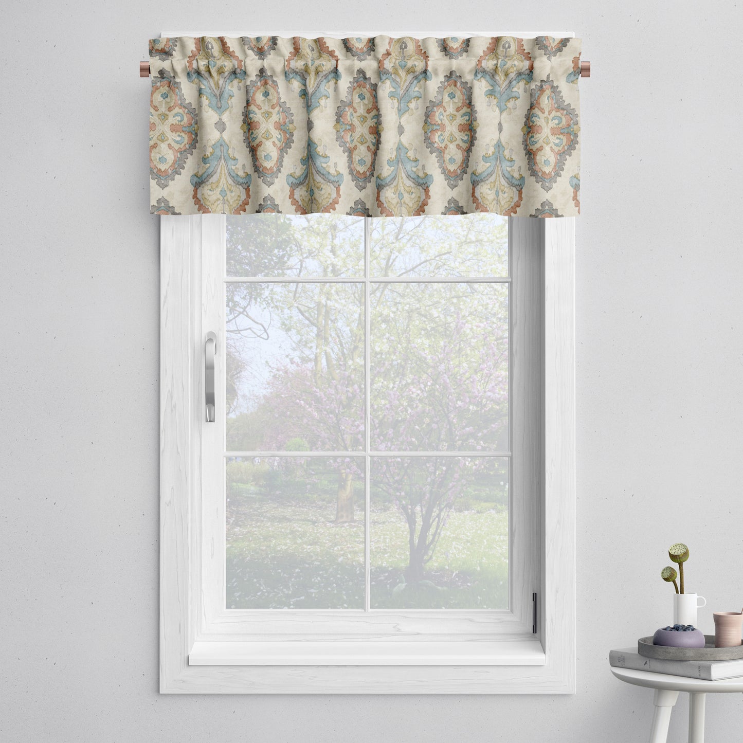 Tailored Valance in Queen Tuscan Blue and Coral Medallion Watercolor- Large Scale