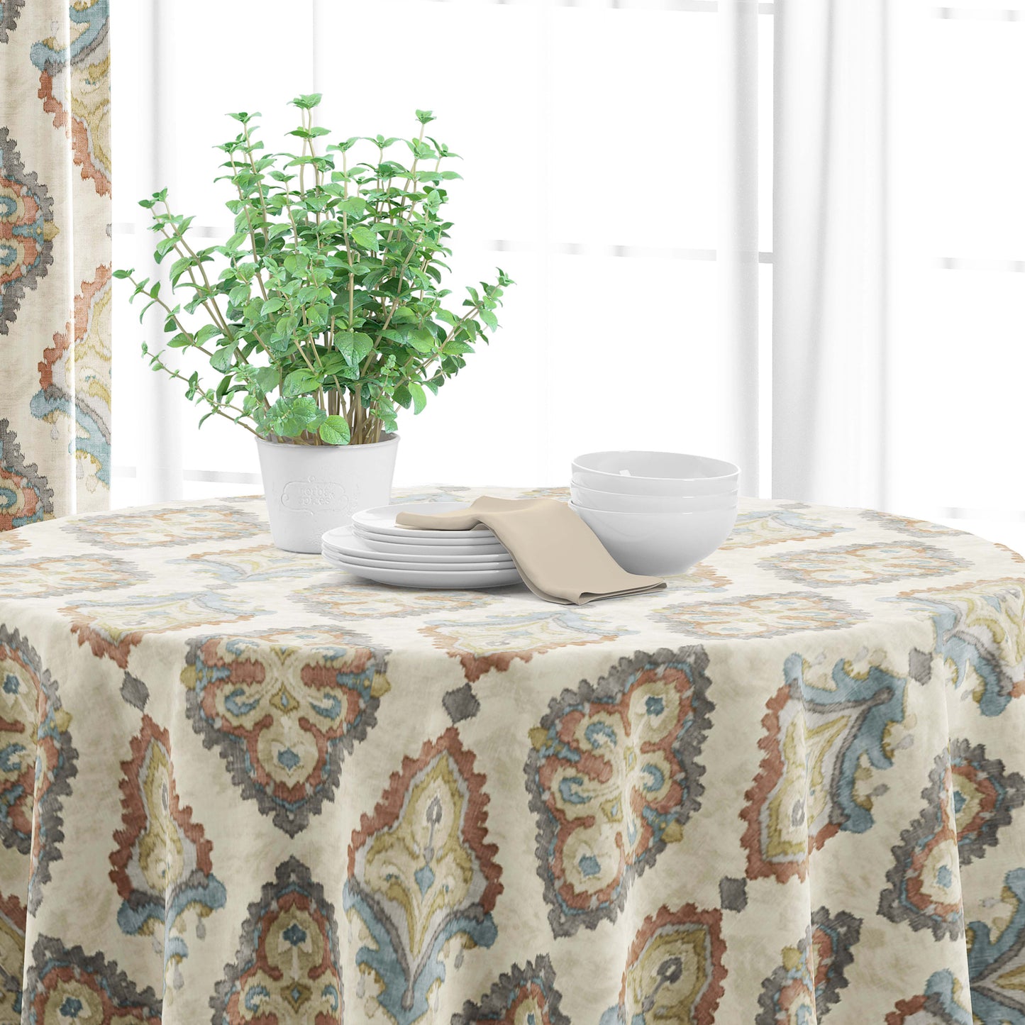 Round Tablecloth in Queen Tuscan Blue and Coral Medallion Watercolor- Large Scale