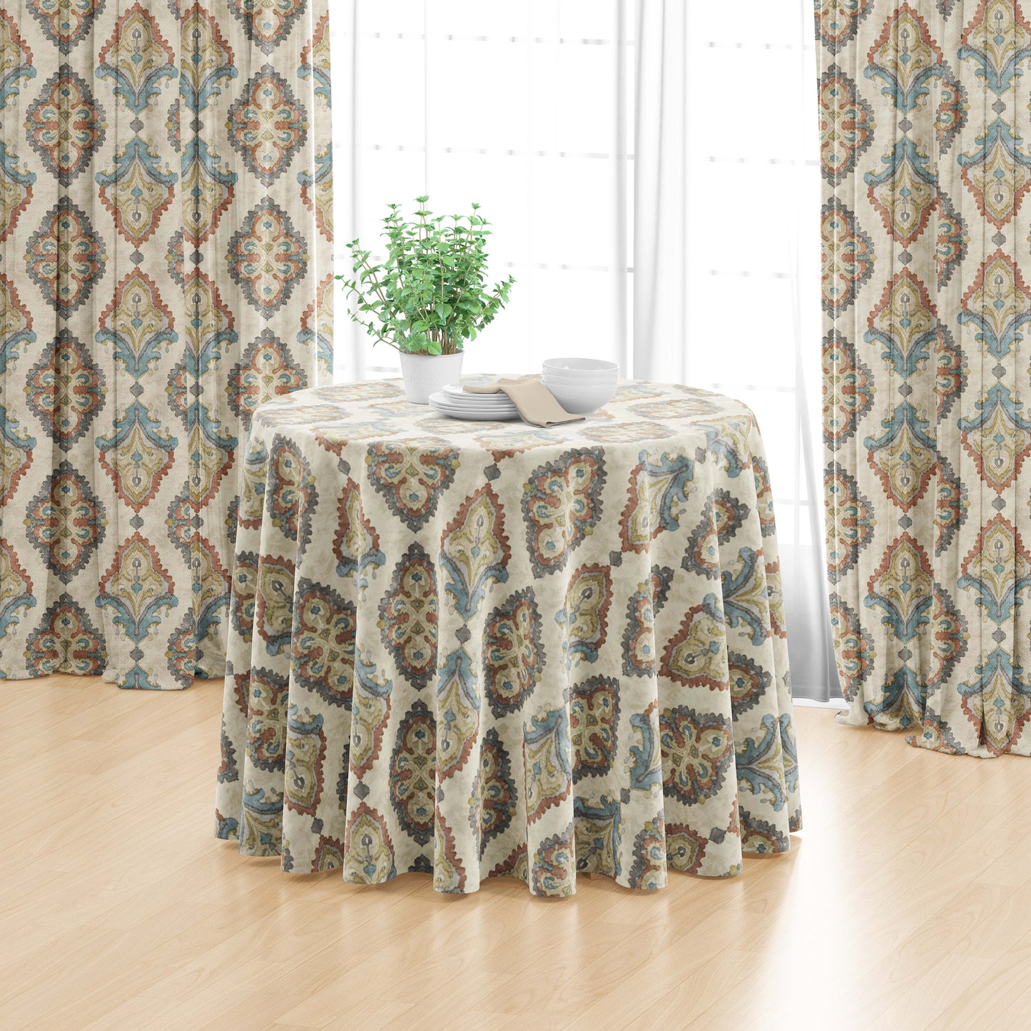 Round Tablecloth in Queen Tuscan Blue and Coral Medallion Watercolor- Large Scale
