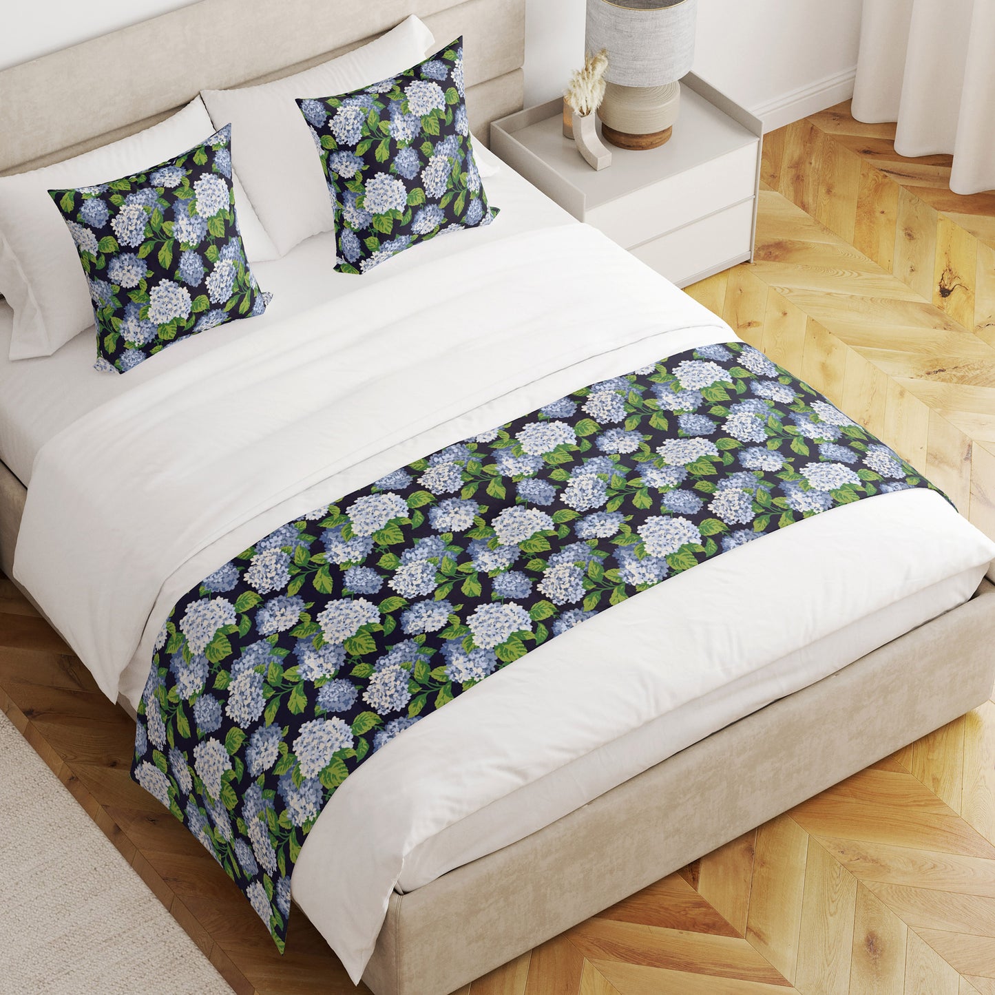 Bed Runner in Summerwind Navy Blue Hydrangea Floral, Large Scale