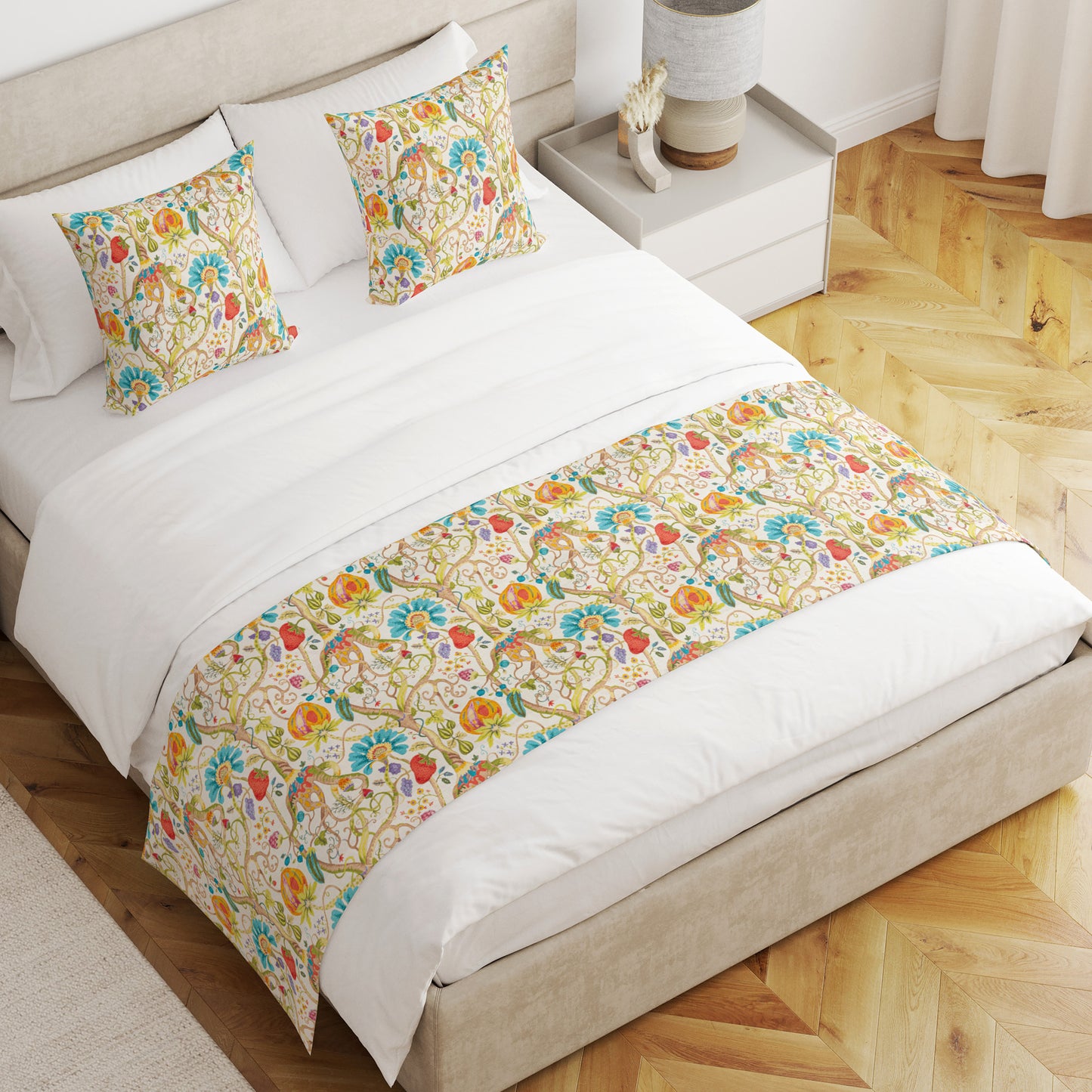 Bed Runner in Tudor Summer Jacobean Floral, Tree of Life, Large Scale Multi-Color