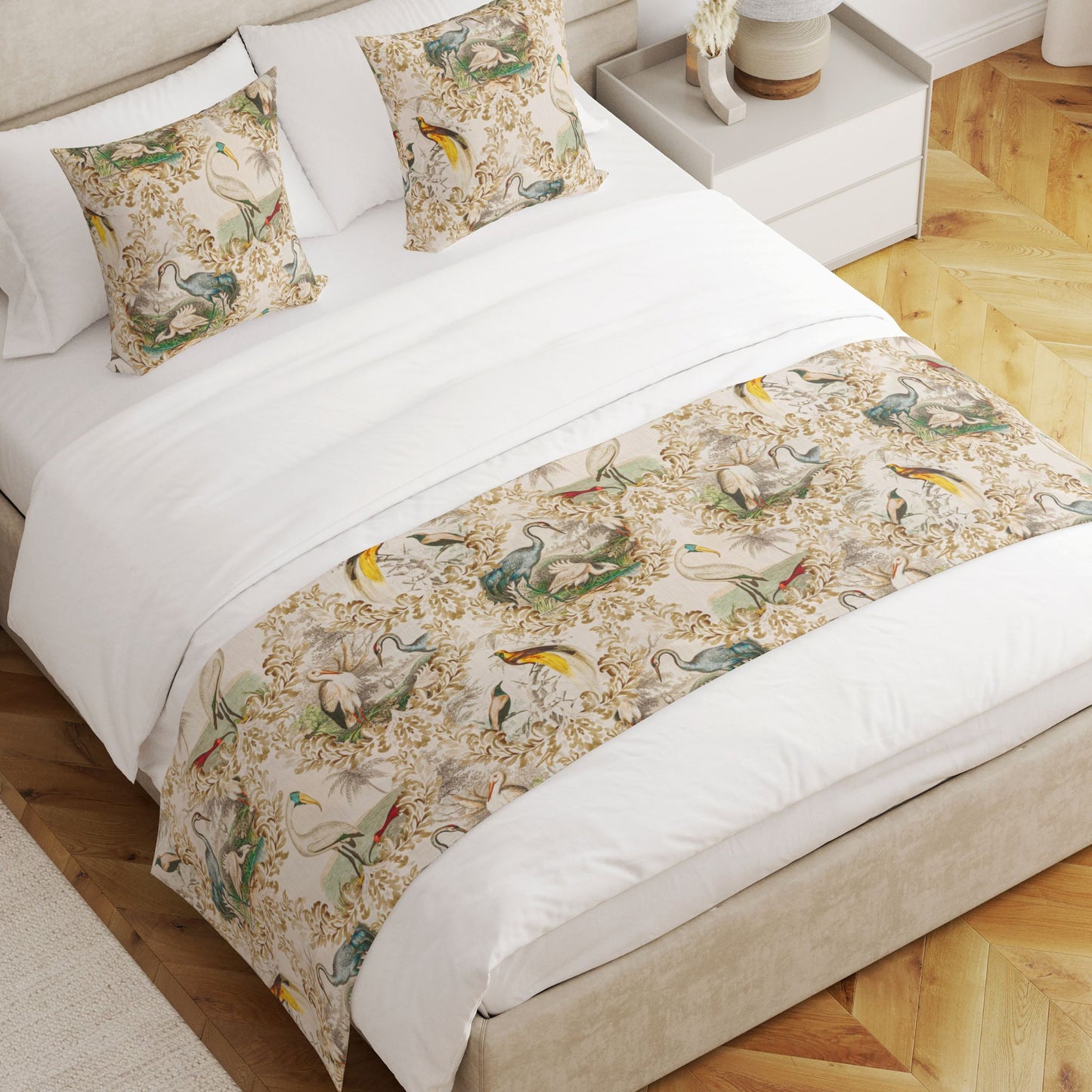 Bed Scarf in Wayward Natural Bird Toile