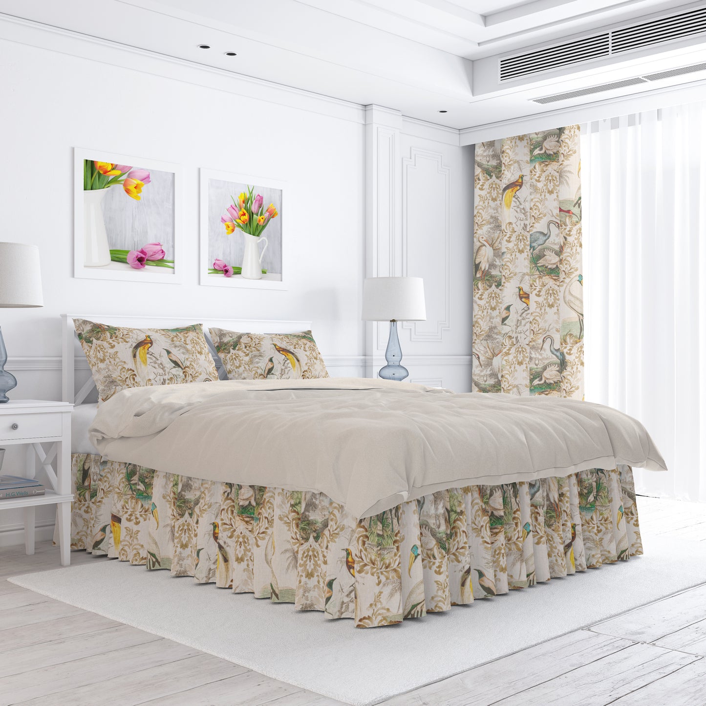 Gathered Bedskirt in Wayward Natural Bird Toile