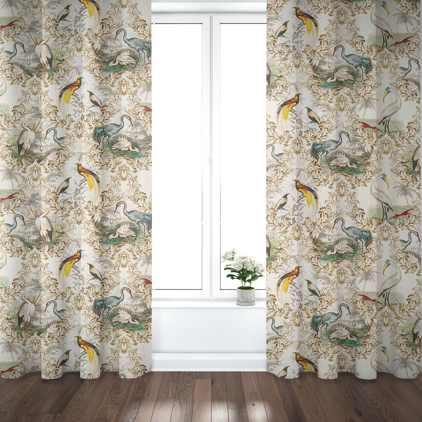 Pinch Pleated Curtain Panels Pair in Wayward Natural Bird Toile