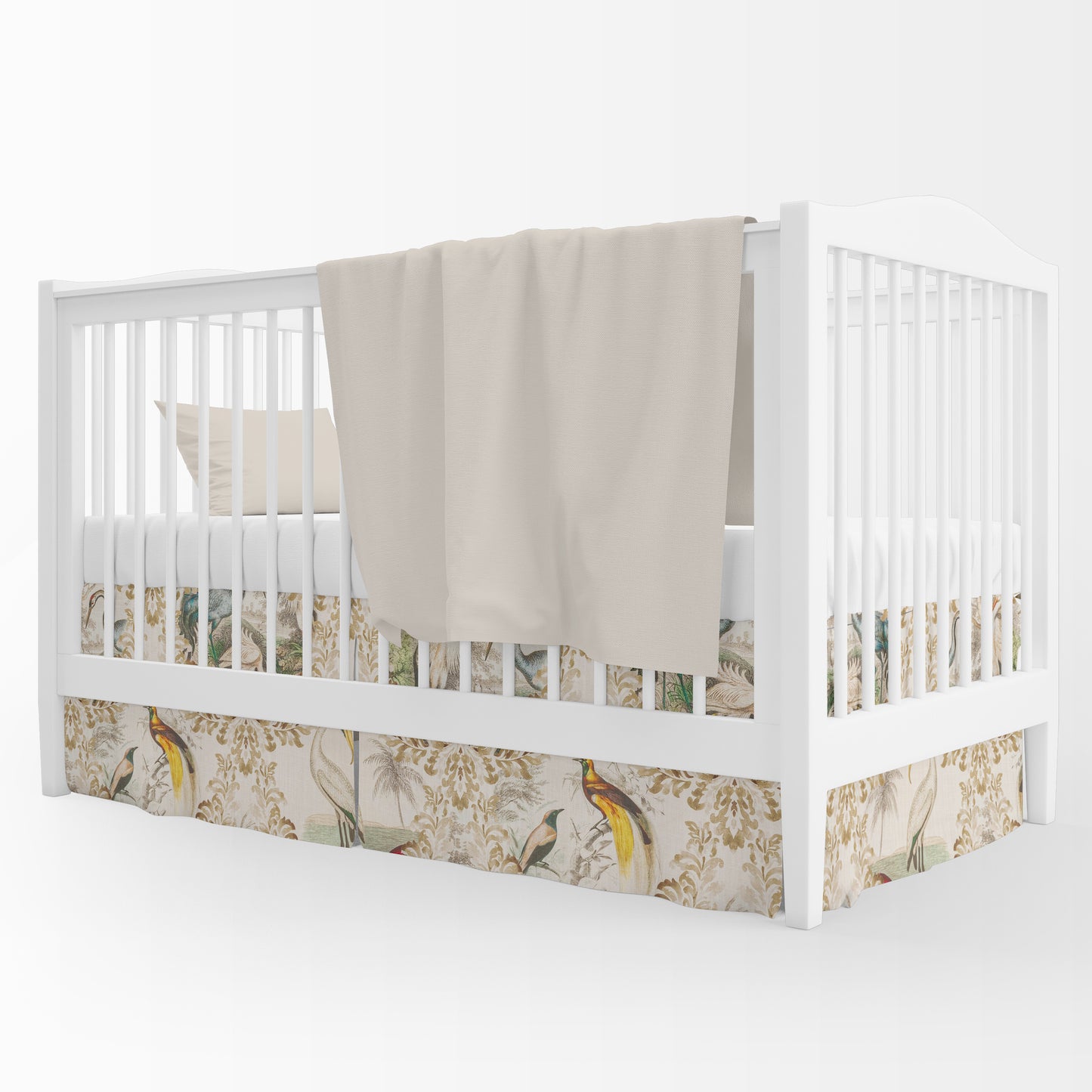 Tailored Crib Skirt in Wayward Natural Bird Toile