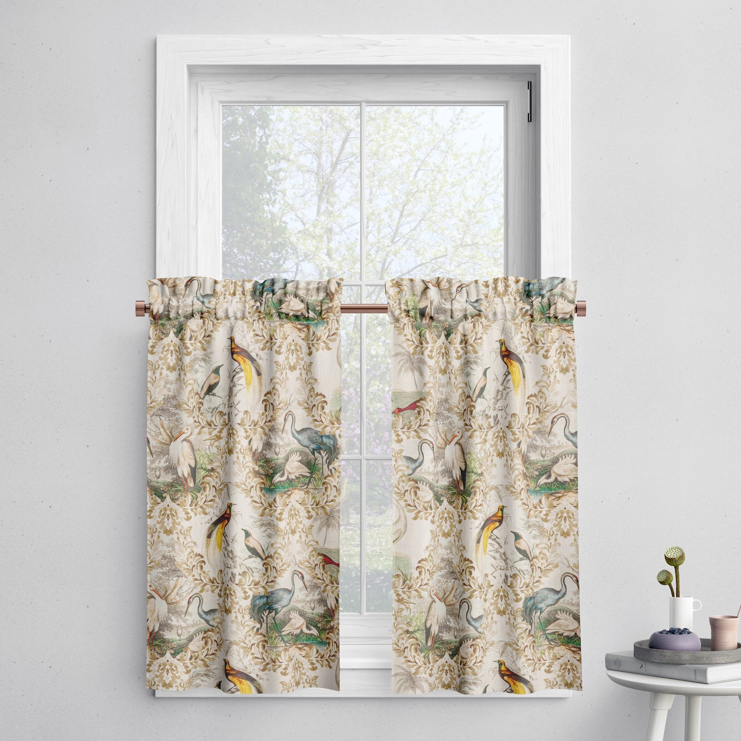 Tailored Tier Cafe Curtain Panels Pair in Wayward Natural Bird Toile
