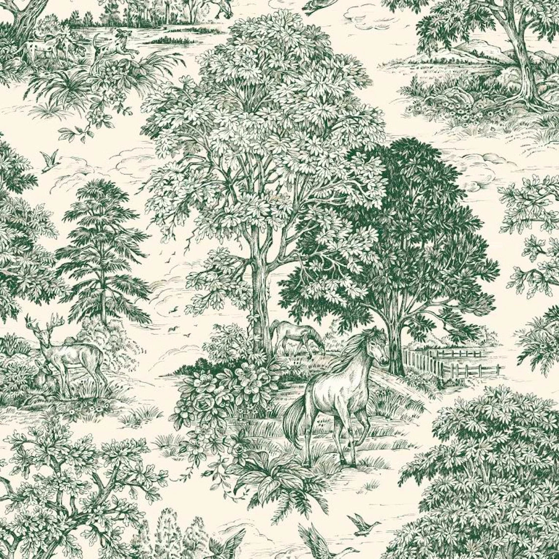 Back Tab Curtain Panels Pair in Yellowstone Classic Green Country Toile- Horses, Deer, Dogs- Large Scale