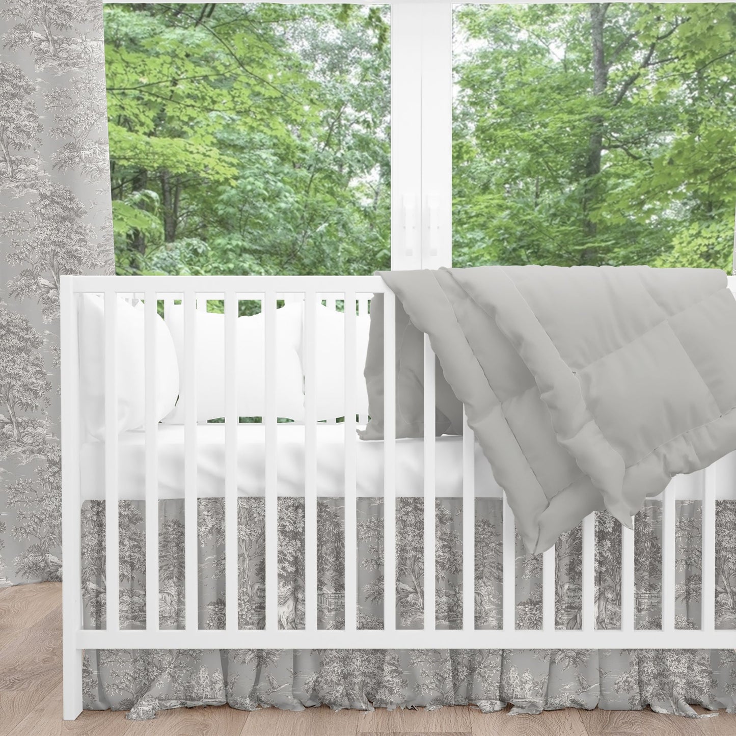 Gathered Crib Skirt in Yellowstone Dove Blue Gray Country Toile- Horses, Deer, Dogs- Large Scale