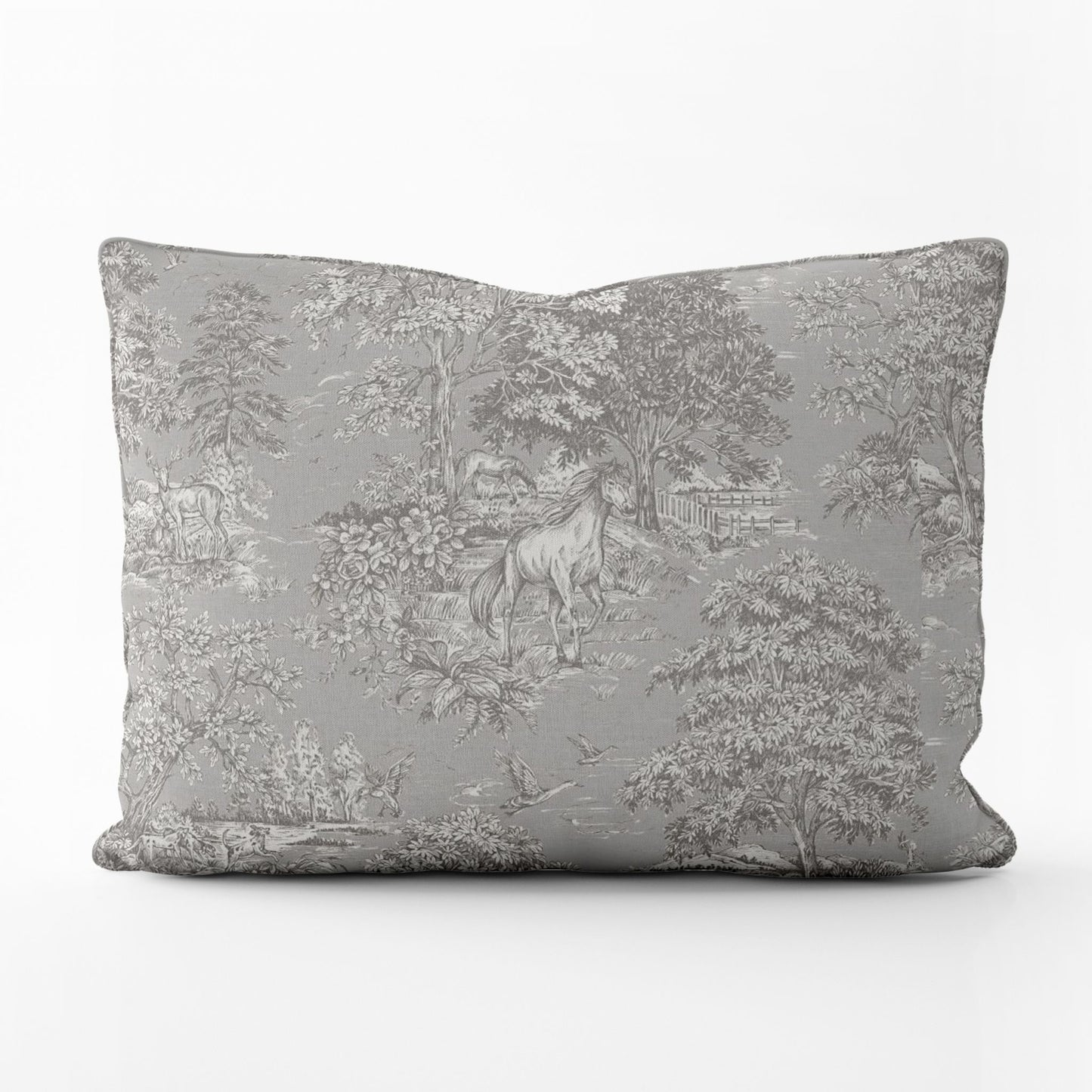 Decorative Pillows in Yellowstone Dove Blue Gray Country Toile- Horses, Deer, Dogs- Large Scale