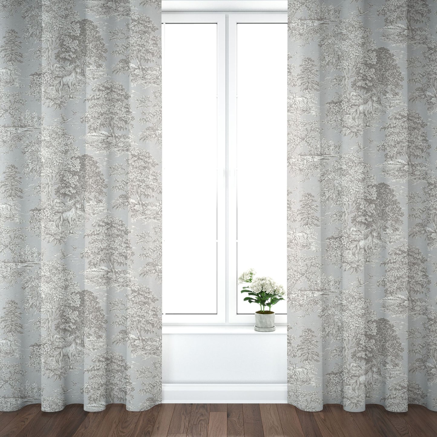 Pinch Pleated Curtain Panels Pair in Yellowstone Dove Blue Gray Country Toile- Horses, Deer, Dogs- Large Scale
