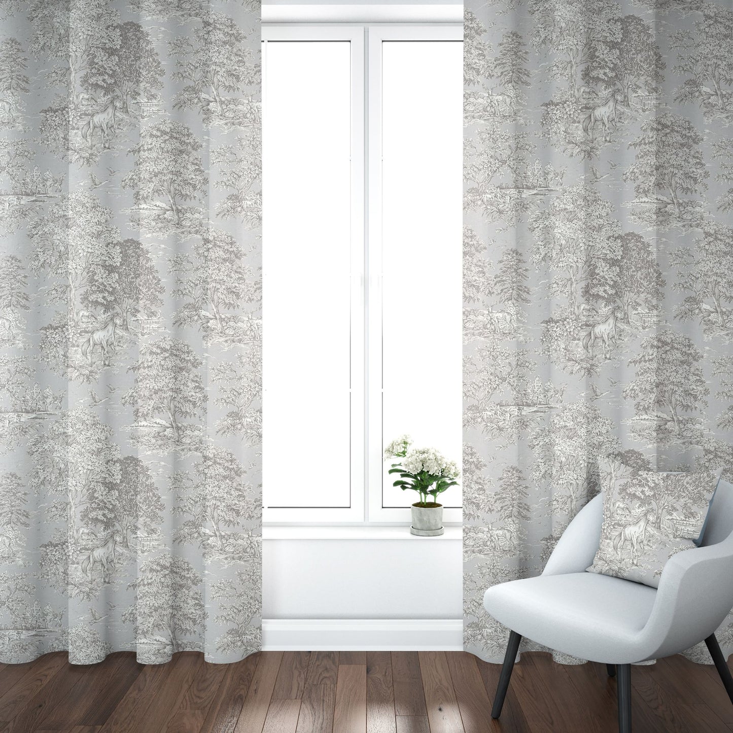 Rod Pocket Curtain Panels Pair in Yellowstone Dove Blue Gray Country Toile- Horses, Deer, Dogs- Large Scale