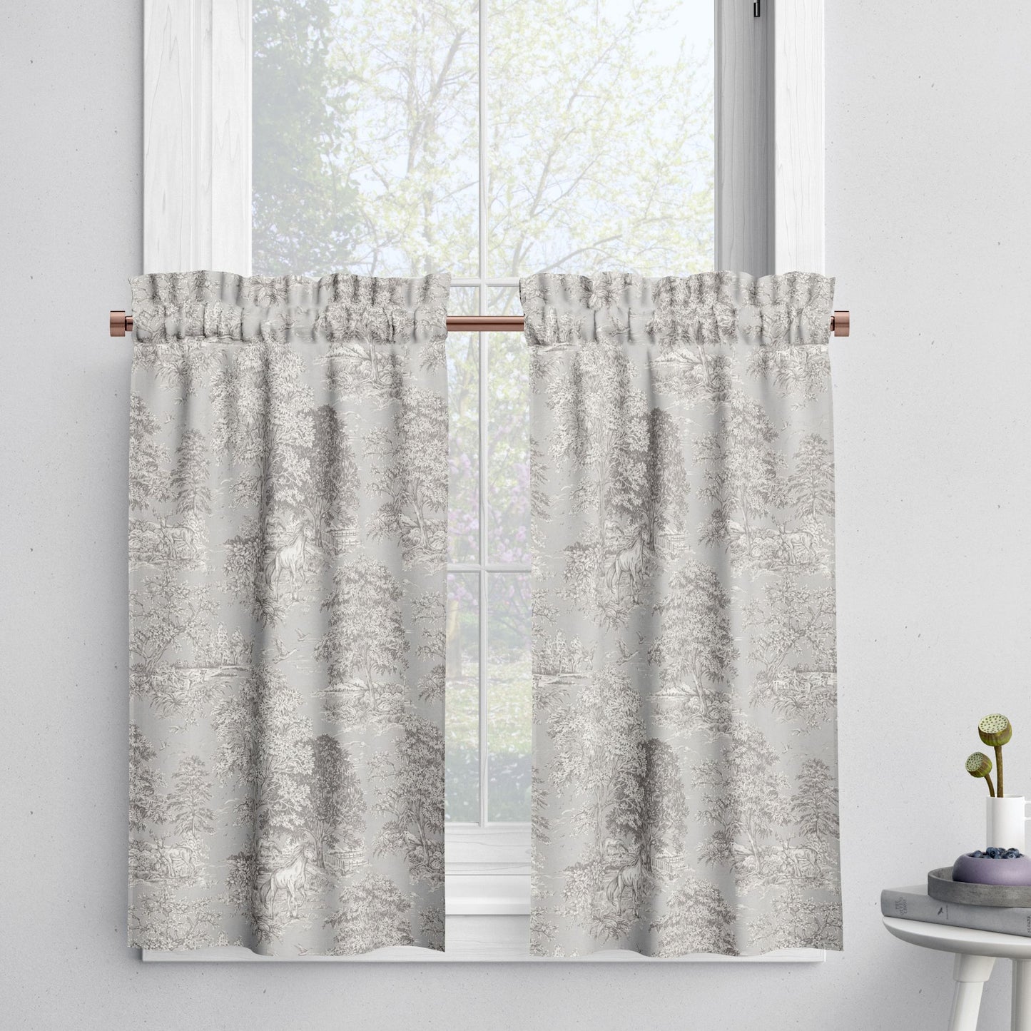 Tailored Tier Cafe Curtain Panels Pair in Yellowstone Dove Blue Gray Country Toile- Horses, Deer, Dogs- Large Scale
