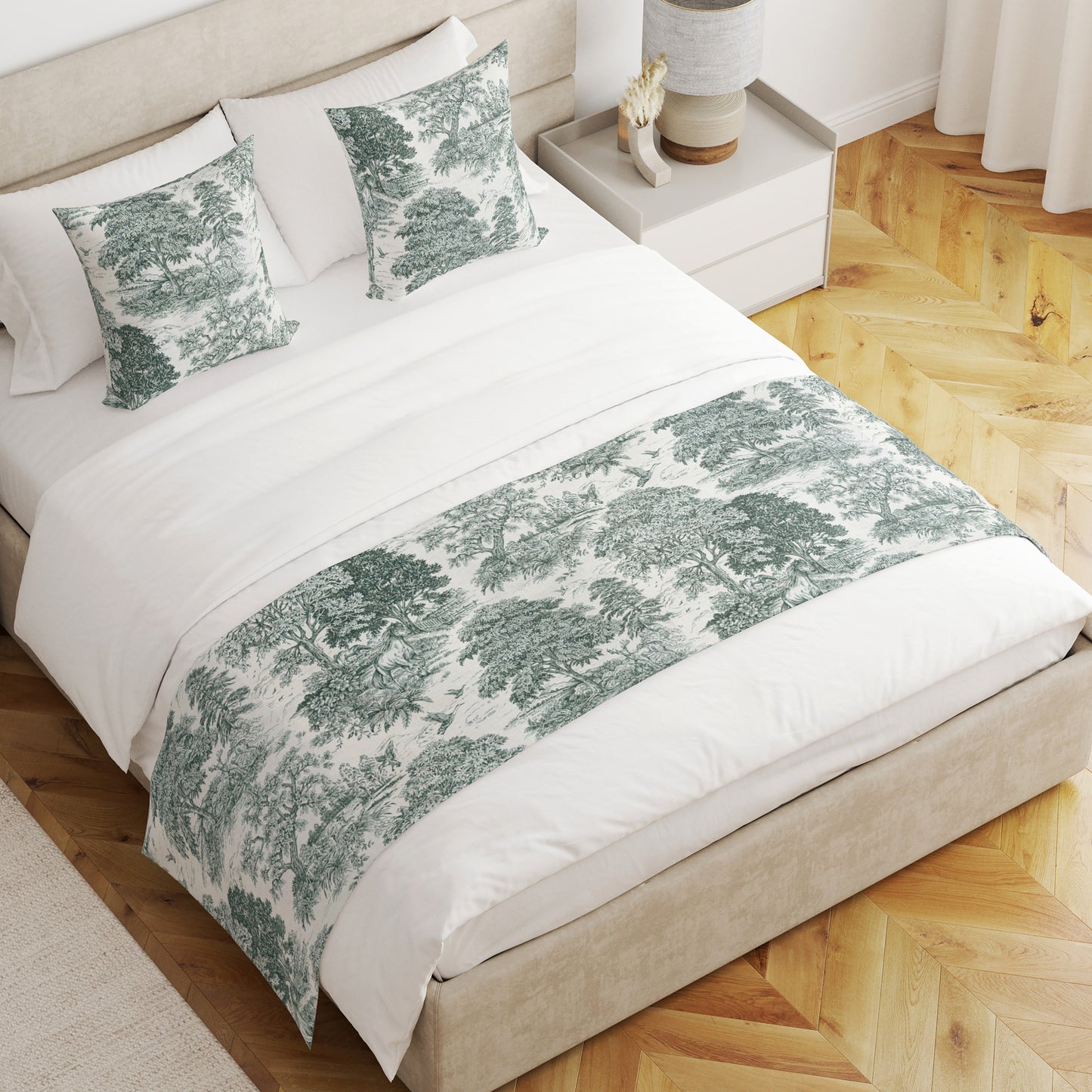 Bed Runner in Yellowstone Classic Green Country Toile- Horses, Deer, Dogs- Large Scale