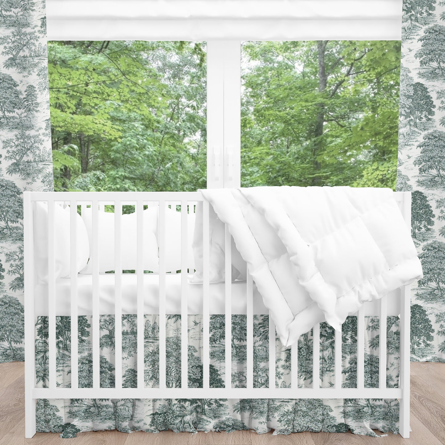 Gathered Crib Skirt in Yellowstone Classic Green Country Toile- Horses, Deer, Dogs- Large Scale