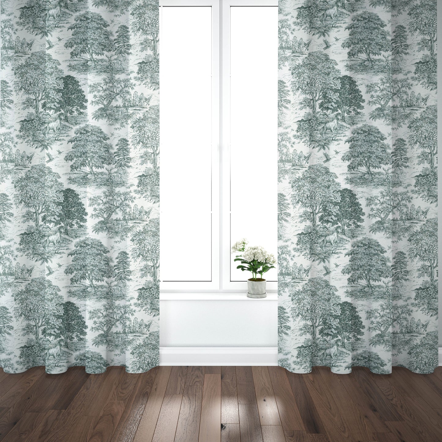 Pinch Pleated Curtain Panels Pair in Yellowstone Classic Green Country Toile- Horses, Deer, Dogs- Large Scale