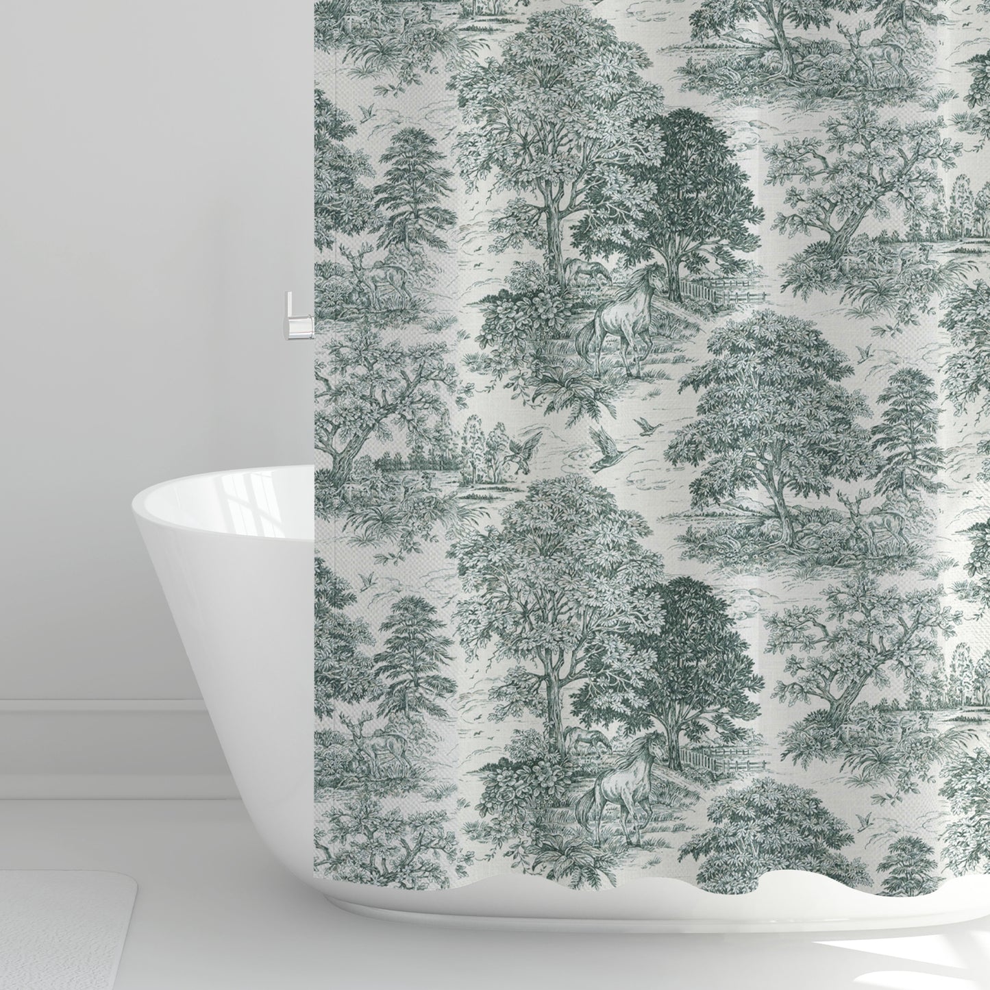 Shower Curtain in Yellowstone Classic Green Country Toile- Horses, Deer, Dogs- Large Scale