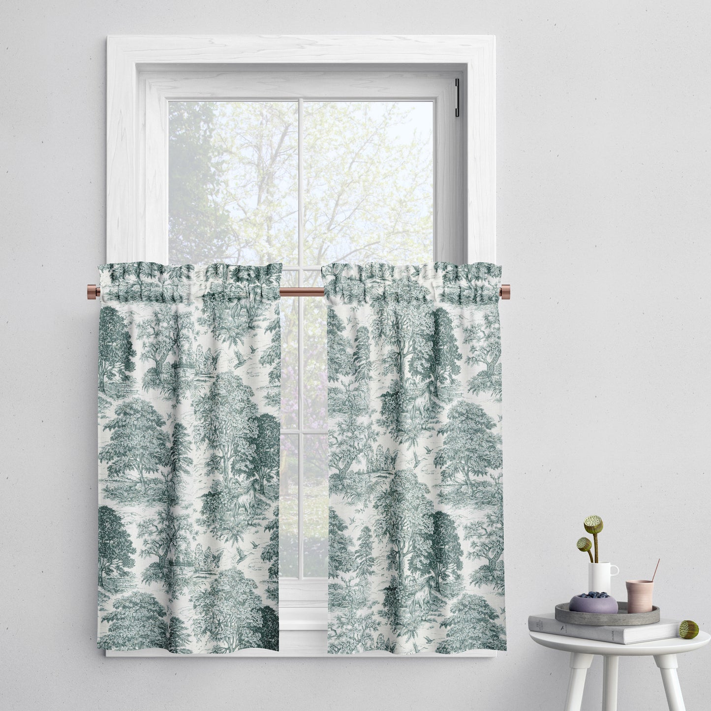 Tailored Tier Cafe Curtain Panels Pair in Yellowstone Classic Green Country Toile- Horses, Deer, Dogs- Large Scale