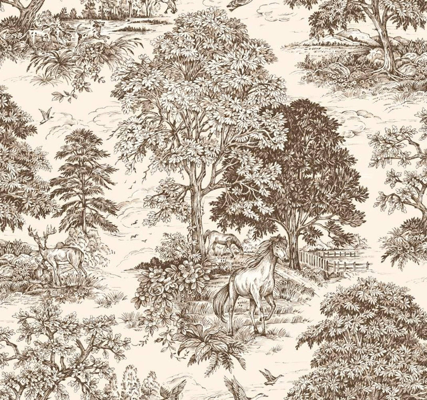Fabric Cut Yardage in Yellowstone Driftwood Brown Country Toile- Horses, Deer, Dogs- Large Scale
